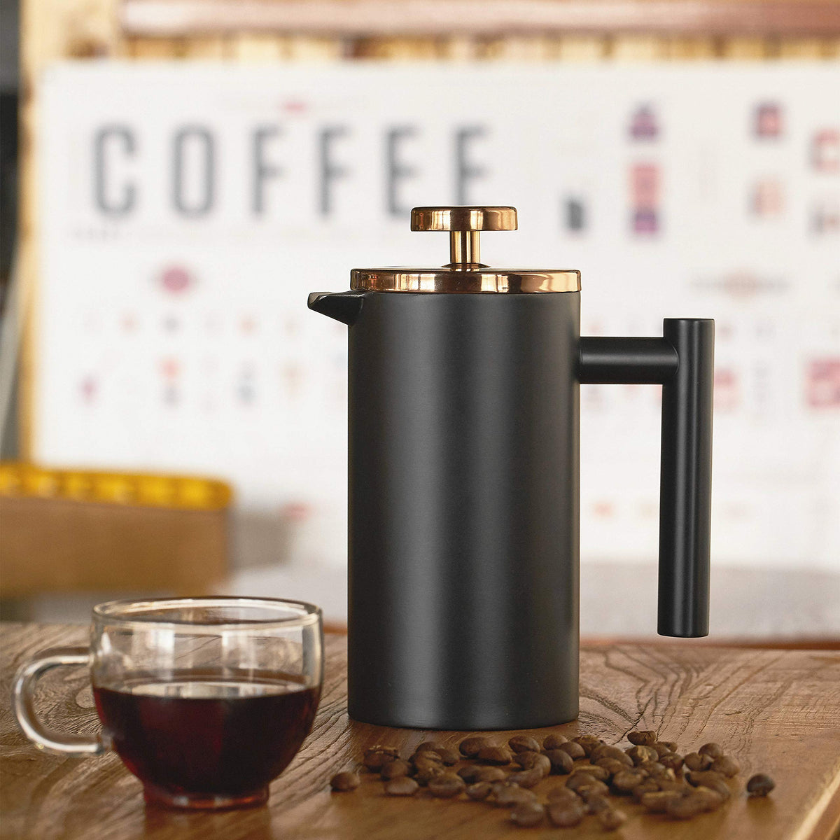 Meelio Small French Press Coffee Maker 600ml/20oz, Stainless Steel Double-Wall Insulated, 3 Level Filtration System with 2 Mesh Screens, 2-4 Cup Black for Home, Camping & Office