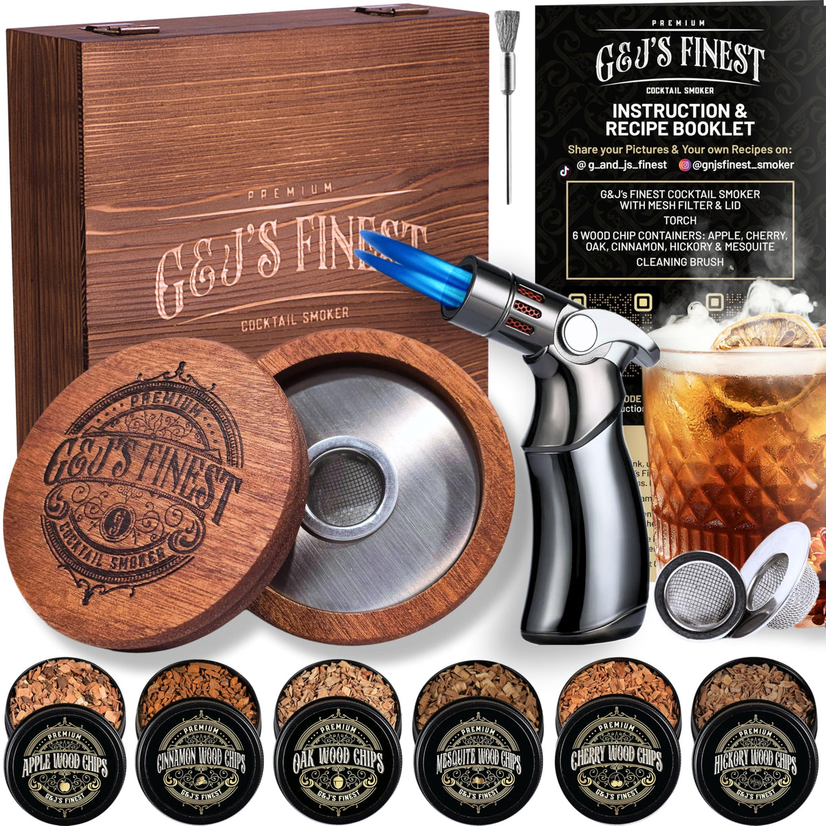 Whiskey Smoker Kit with QuadTorch, 6 Wood Chips & Wooden Gift Box | Cocktail Infuser | Bourbon Barware | Old Fashioned Drinks | Smoked Whisky Present for Dad, Men, Father’s Day, No Butane