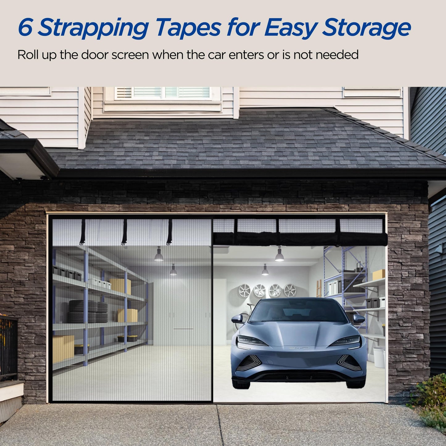 HBlife Garage Screen Doors for 1 Car Garage, 8x7FT Fiberglass Magnetic Garage Door Screen, Hands Free Retractable Garage Net Screen Door Mesh with 6 Roll Up Starps and 26 Magnets for Patio, Gym, Porch