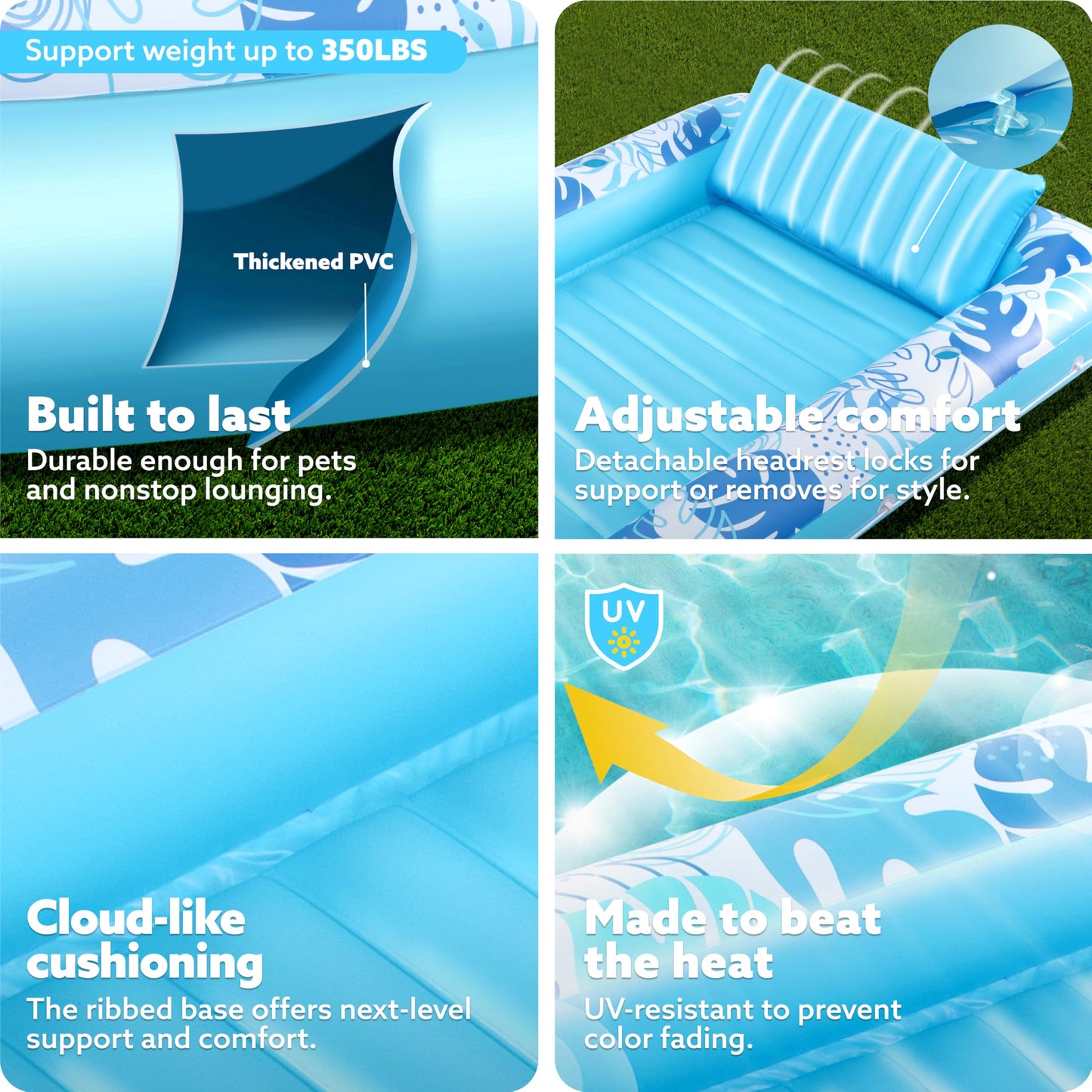 Sloosh Inflatable Tanning Pool Lounger Float-XL, 85" x 57" Extra Large Suntan Sun Tan tub for Adults, Bed Blow up, Raft Lounge Floatie, XL-Blue
