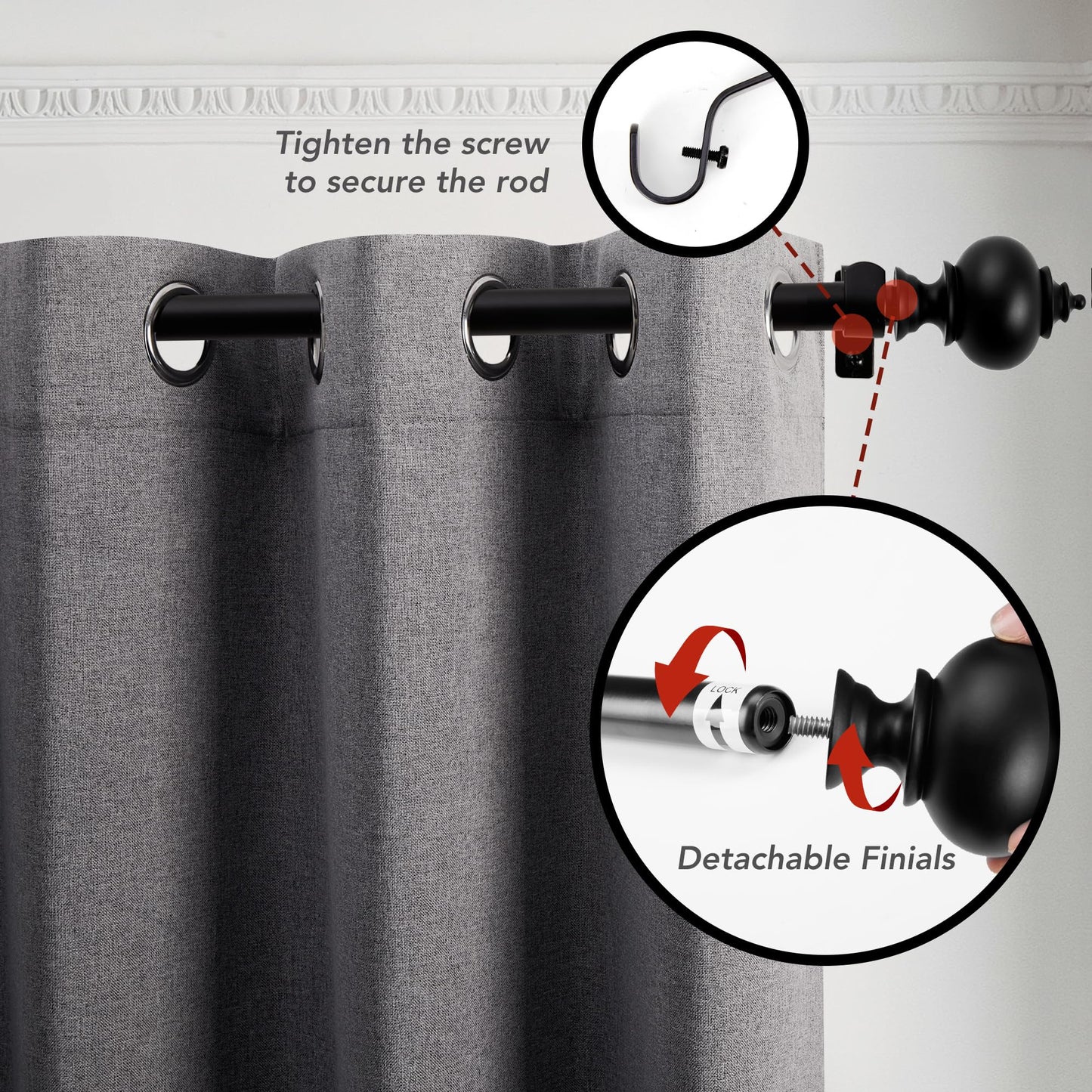 Deconovo Black Curtain Rods for Windows 66 to 120 Inches, Adjustable Decorative Single Window Curtain Rod Set, Curtain Rods with Finial, 3/4 Inch Diameter Steel Tube with Black Finish