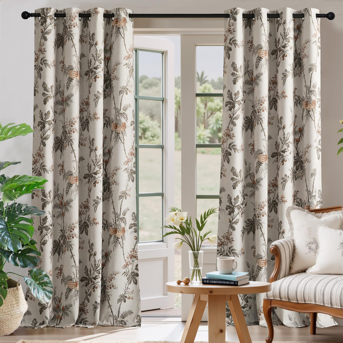 NICETOWN Dark Mallard Blackout Curtains 52 x 84 Inch， 2 Panels Set - Floral Print Window Drapes for Living Room & Bedroom， Energy Efficient Thermal Insulated Grommet - Farmhouse & Tropical Style