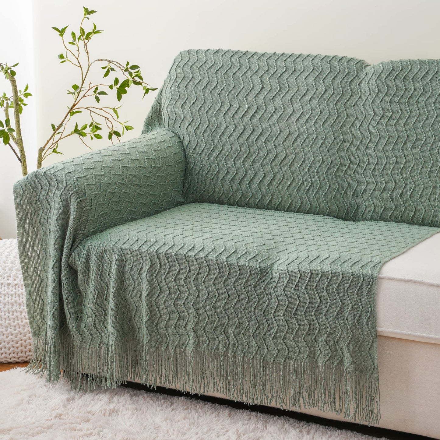 BATTILO HOME Sage Green Throw Blanket for Sofa Couch Office Living Room Home Décor Lightweight Textured Soft Cozy Knit Throw with Tassels Suitable All Seasons 50"x60"