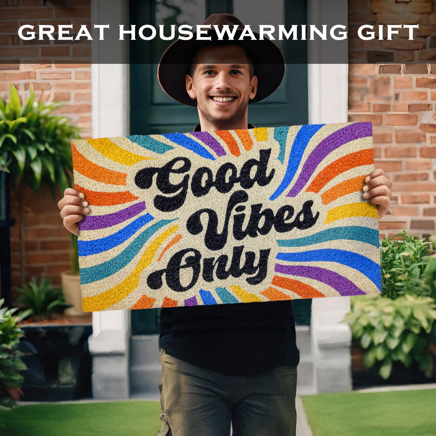 Good Vibes Only Door Mat 30x17 Inch, Good Vibes Welcome Mat for Covered Outdoor Entrance, Funny Outdoor Doormat w/Non-Slip Backing