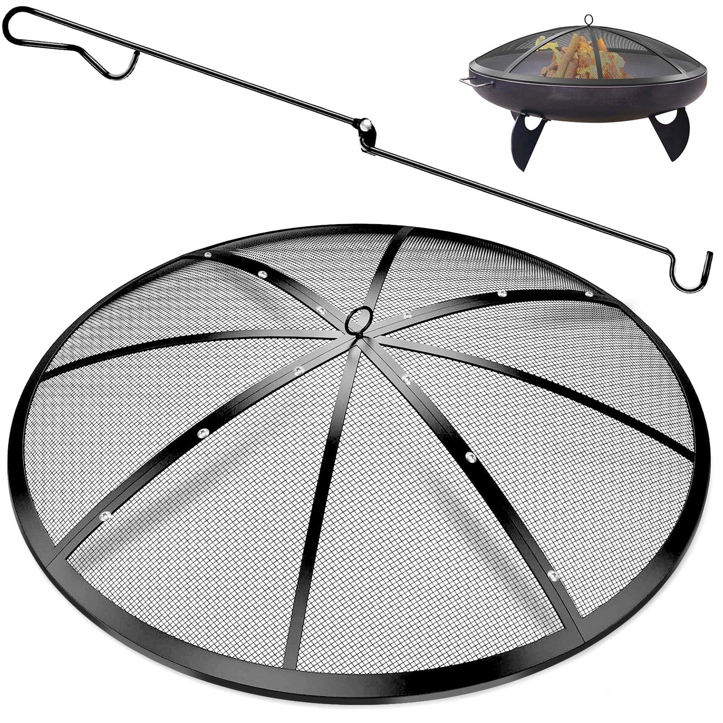 POEPRH 24Inch Outdoor Fire Pit Screen with Handle & Poker, 12 Reinforced Bars, Heavy-Duty Steel Mesh, Black, Classic Style