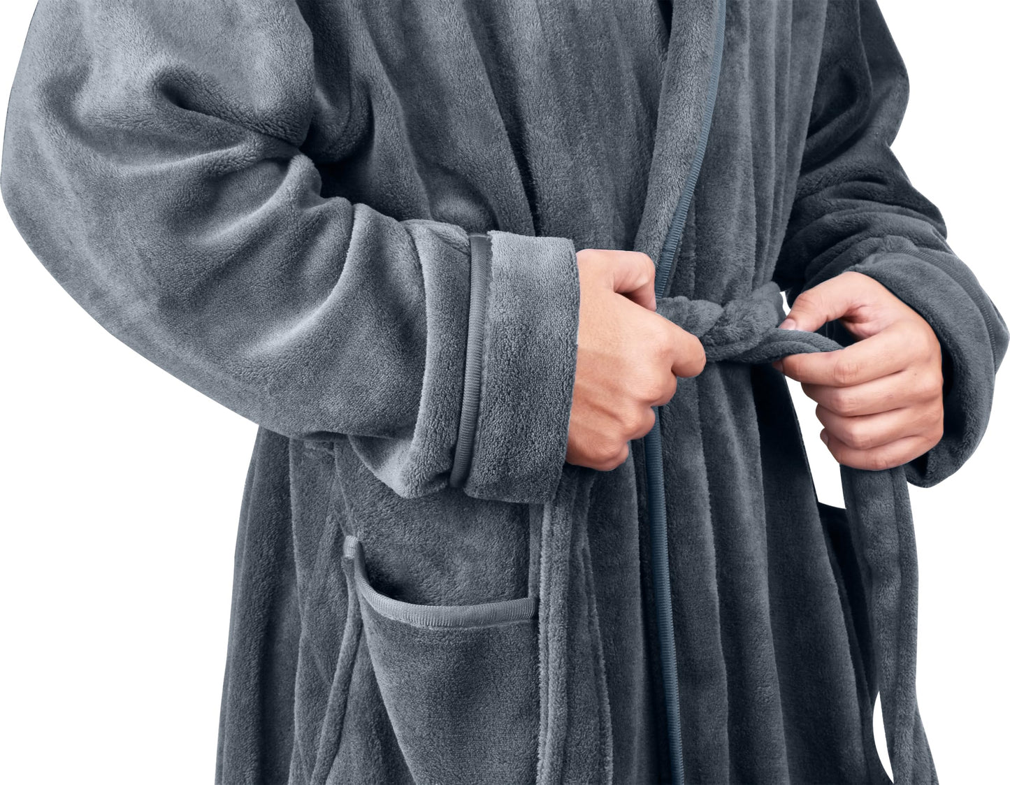 NY Threads Men's Hooded Fleece Bathrobe Plush Long Spa Robe, Grey, Large-X-Large