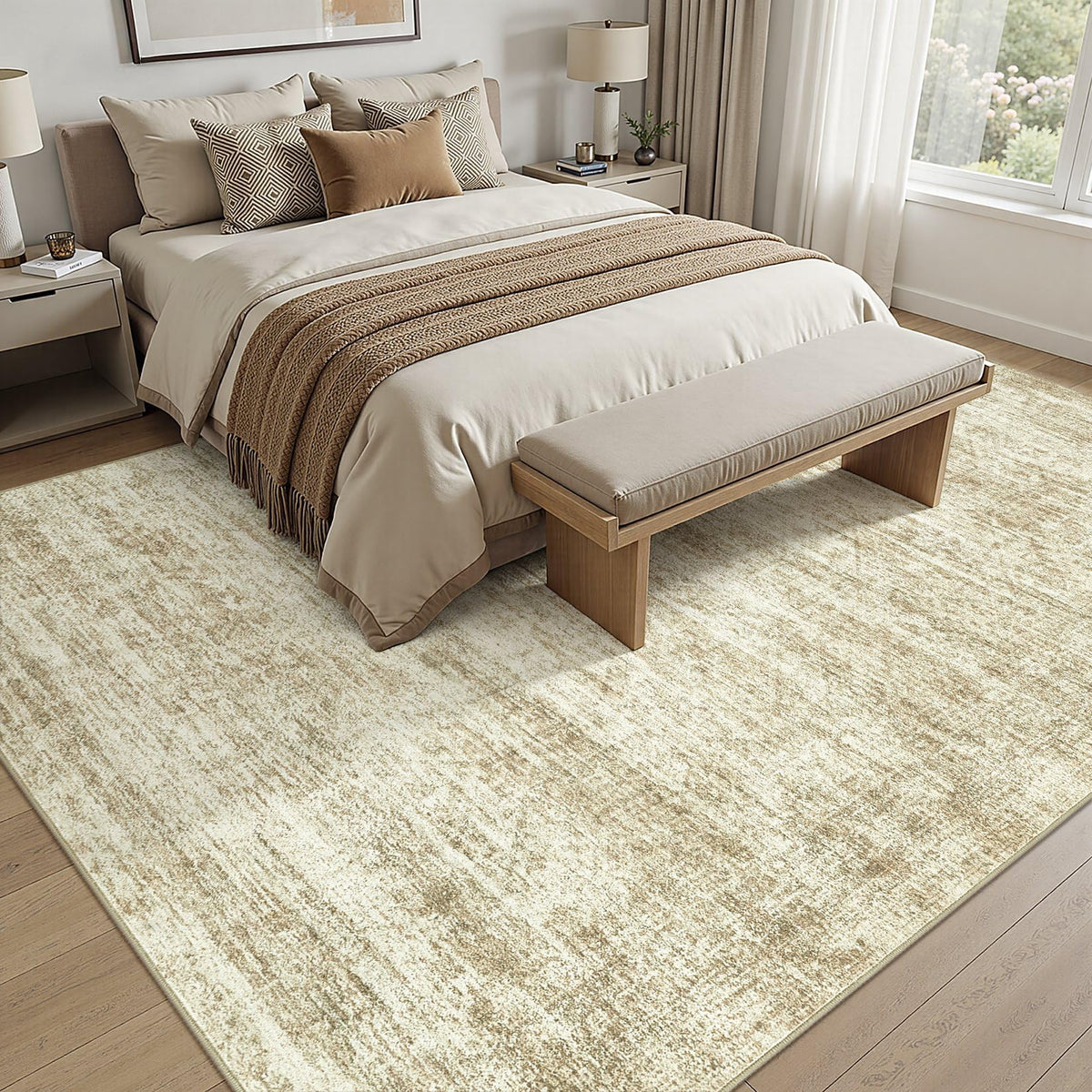 cotiled Large Area Rugs for Living Room 5x7, Machine Washable Rugs with Non Slip Backing Modern Neutral Abstract Rugs Stain Resistant Distressed Carpets for Home Office Decor (5x7 Beige/Brown)