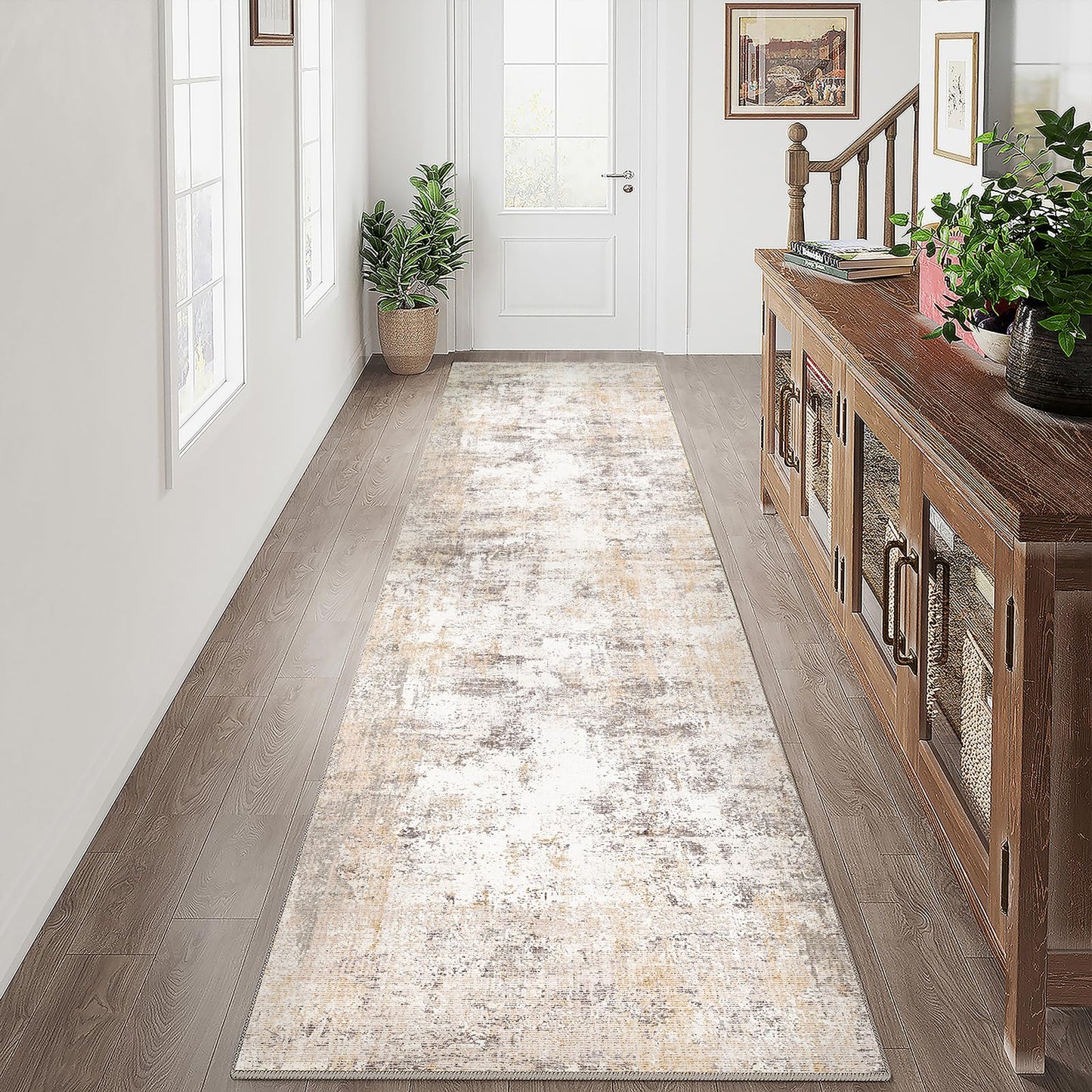 WondRg 3x8 Washable Runner Rug for Kitchen Hallway Non-Slip Beige Grey Neutral Carpet Low Pile Soft Thin Area Rug Abstract Modern Vacuumable Lightweight Long Runner for Bathroom Bedroom Indoor