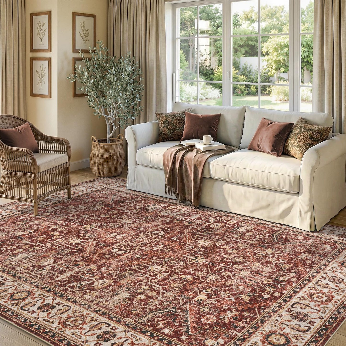 Retro Red Area Rug for Living Room 5x7 Large Carpet-Machine Washable Vintage Traditional Rugs for Bedroom Dining Room Office Non Slip Rug