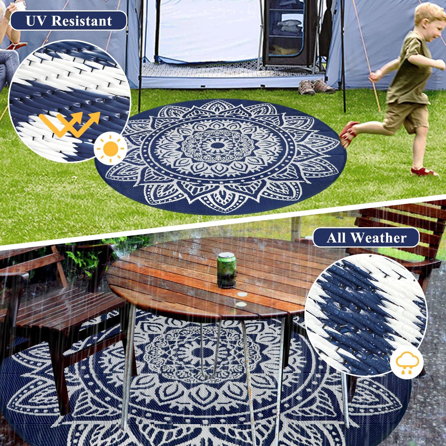 famibay Round Outdoor Area Rug Boho Mandala Plastic Patio Rug 6ft Navy