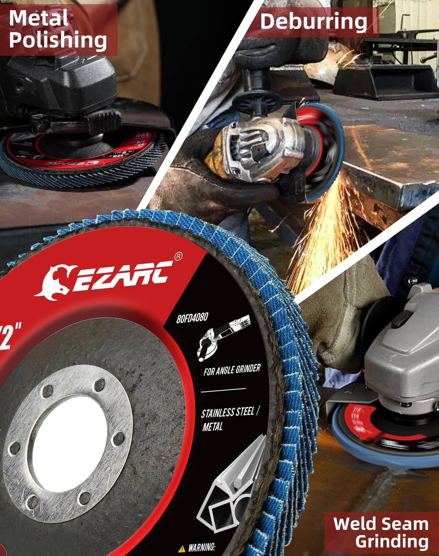 EZARC Flap Discs 40 Grit, 4 1/2 x 7/8-Inch High Density Flap Sanding Disc, Type 29 Zirconia Grinding Wheel for Stainless Steel, Sheet Metal 12 Pack