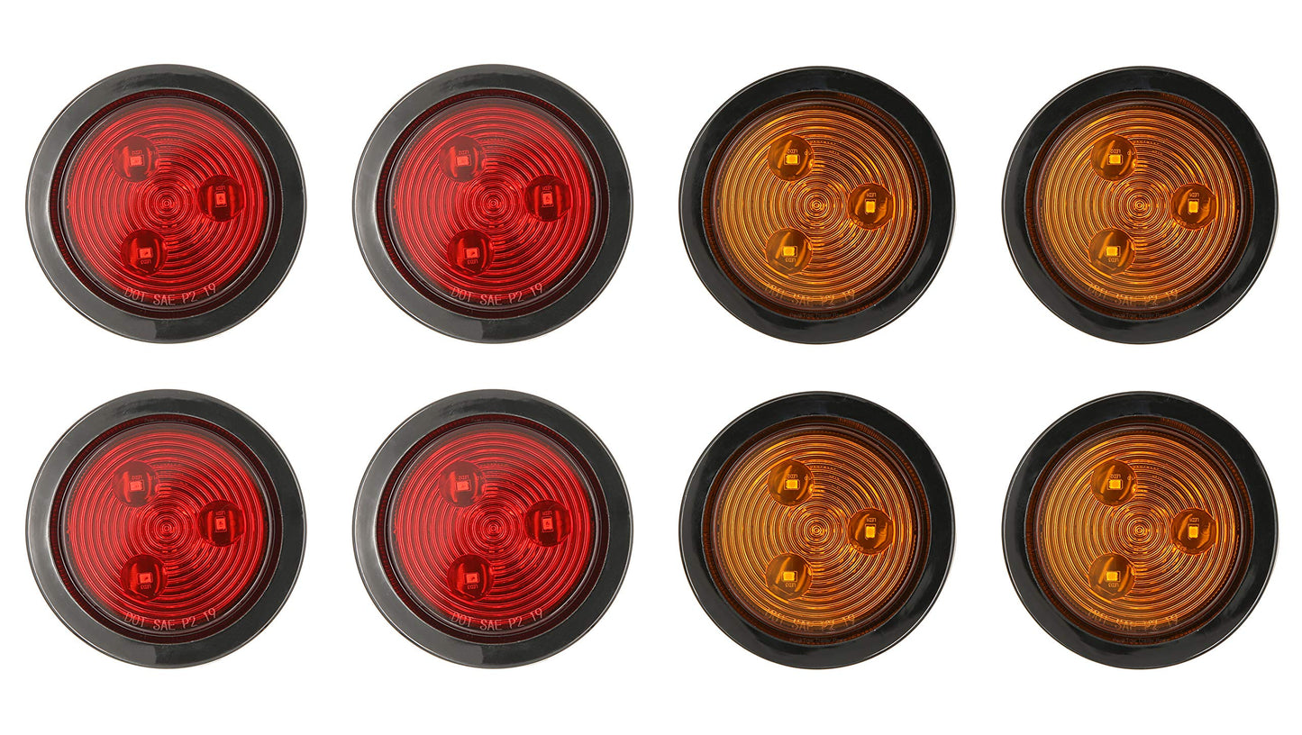 PEAKTOW PTL0283 Round LED 2.5” Submersible Clearance Marker Lights With Grommets and Plugs 8PK (4pcs Amber + 4pcs Red)