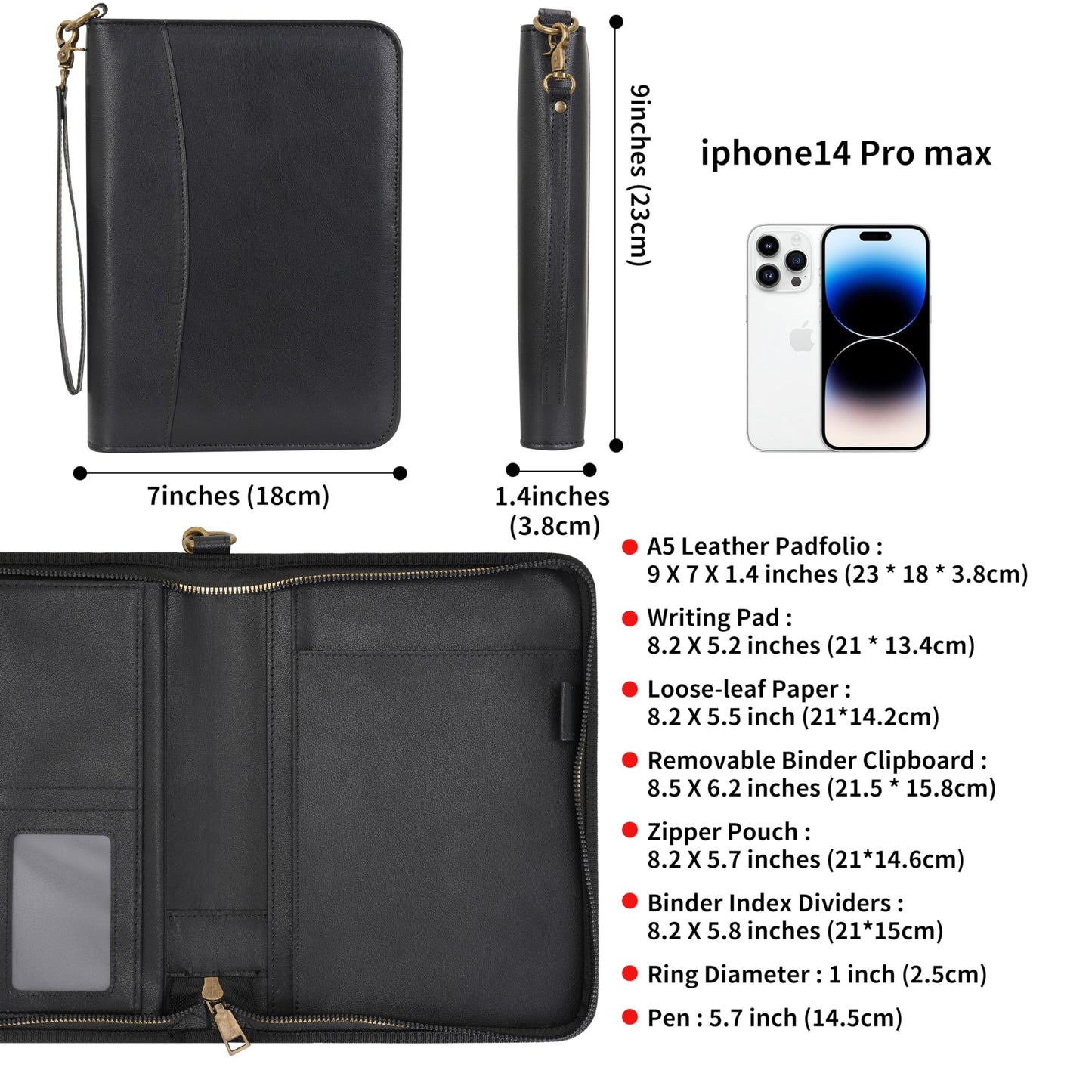 Wason Portfolio A5 Binder Journal with Zipper - Leather pu Writing Notebook Padfolio with Detachable Refillable Notebook, Legal Pad for Business Study and Travel Organizer (Black)