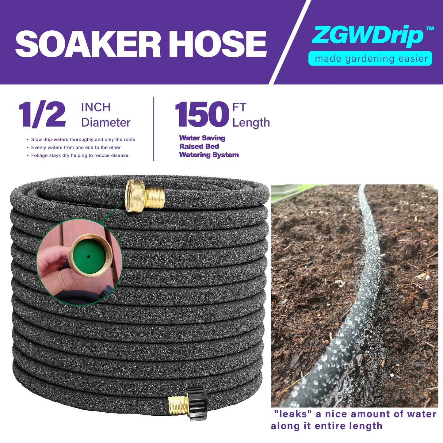 ZGWDrip Soaker Hose,1/2 Inch Soaker Garden Hose with 3/4" Solid Brass Connectors (150 FT)