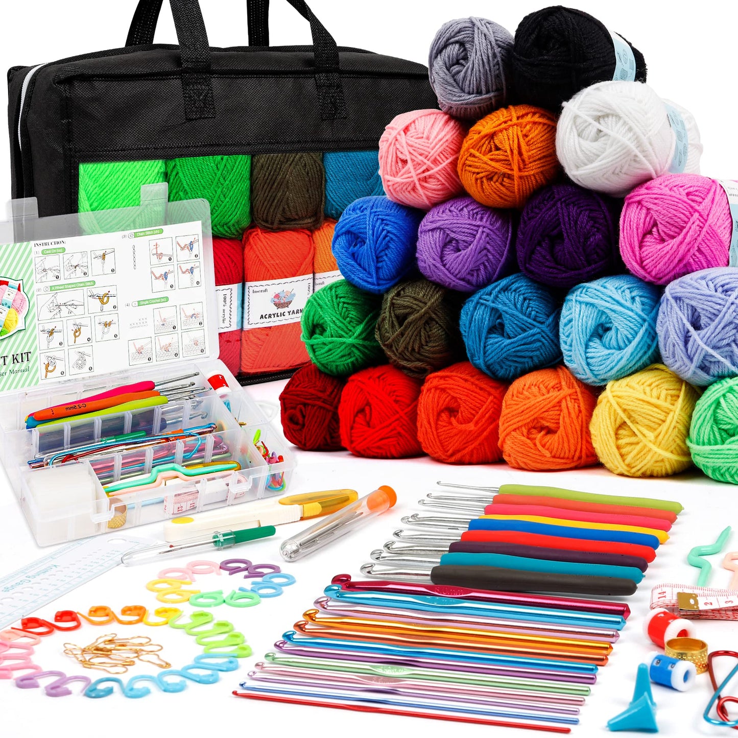 20 Large Acrylic Yarn Skeins-105 PCS Crochet Kit with Hooks Set, Premium Bundle Includes 2000 Yards Yarn Balls, Needles, Accessories, Ideal Starter Pack for Kids Adults Beginner Professionals
