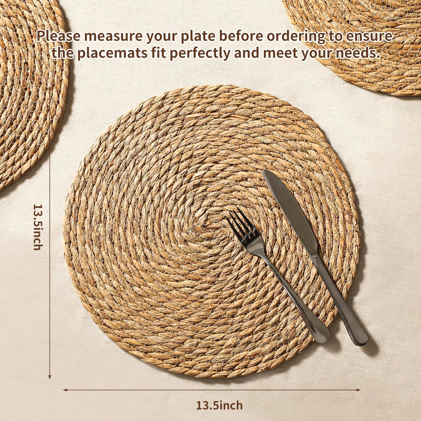 Round Woven Placemats Set of 12, 13.5 inch Boho Rattan Chargers for Dinner Plates, Rustic Wicker Place Mats, Hand-Woven from Natural Hyacinth, for Dining Table, Farmhouse, and Thanksgiving
