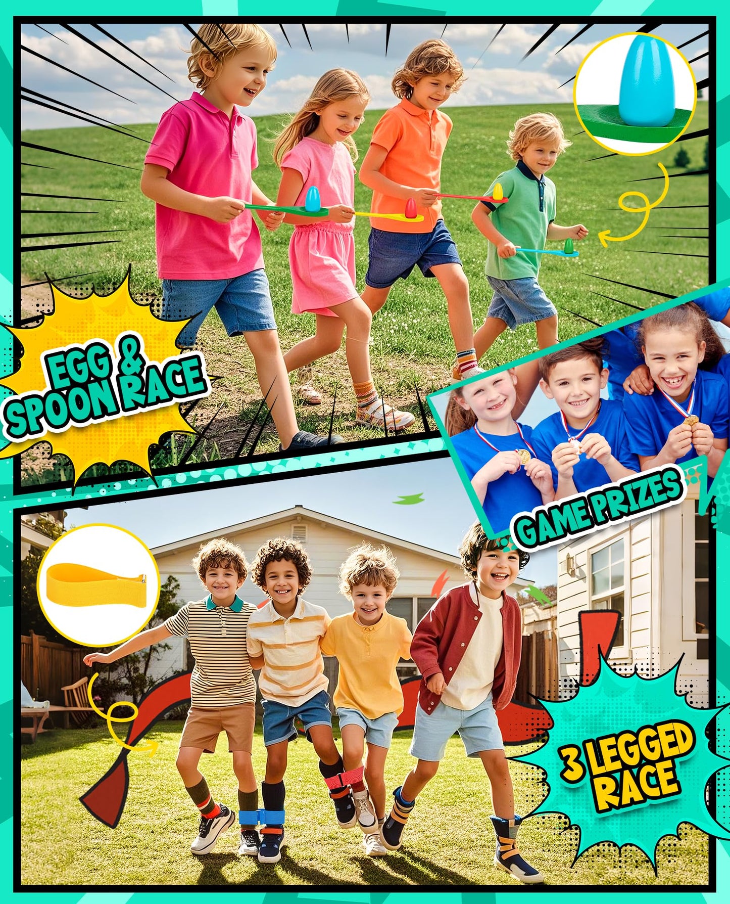 Eocolz Outdoor Carnival Games, Potato Sack Bags for Kids Adults, Egg Spoon Relay Race, 3 Legged Race Bands, Catch Tail Games, Birthday Party, Field Day Family Day Yard Lawn Easter Fall Festival Games