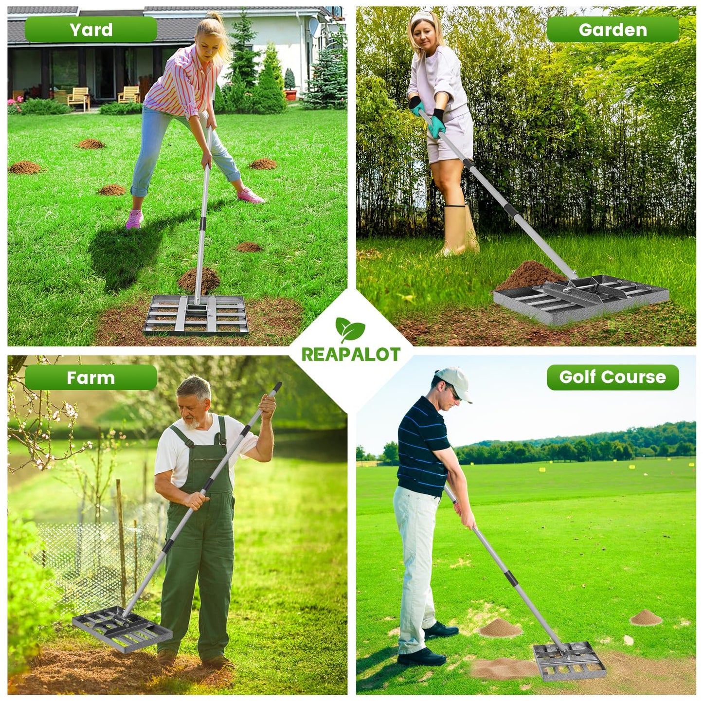 REAPALOT Lawn Leveling Rake, Lawn Leveler with Stainless Steel Long Handle, Heavy Duty Yard Level Tool for Leveling Soil, Dirt Or Sand Surfaces, Gardening Gloves Gift Included (17x10in)