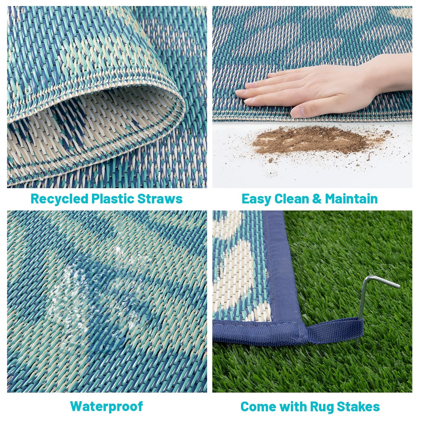HEBE Outdoor Rug 8x10 ft Reversible Outdoor Area Rug Waterproof Patio Rug Mat Portable RV Camping Rug Modern Abstract Plastic Straw Carpet for Picnic Beach Balcony Pool Deck