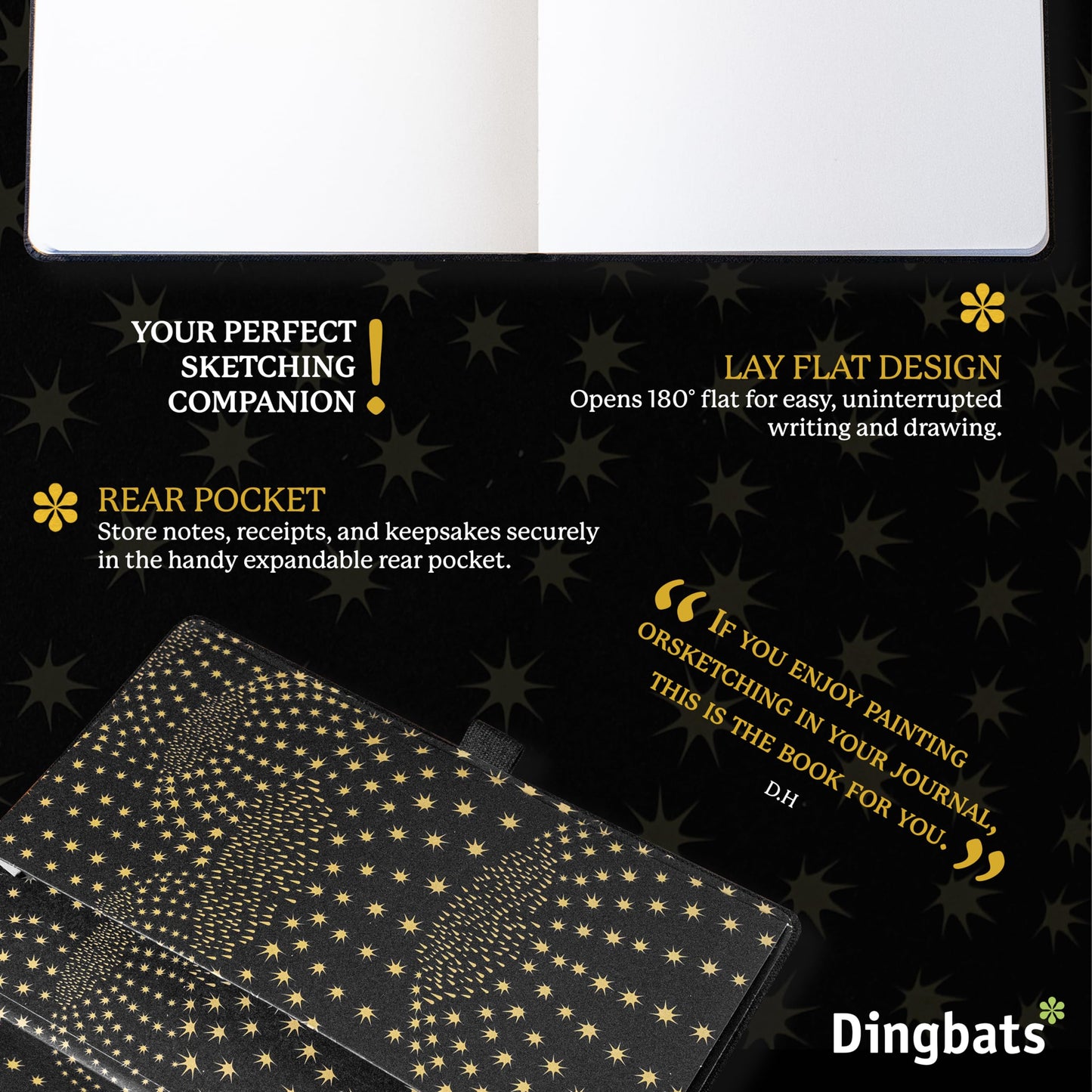 Dingbats* - Pro B5 Large Lined Notebook - Black Textile Cover, Thread-Bound Journal - for Work, Travel - Pocket, Elastic Closure, Pen Holder, Bookmark