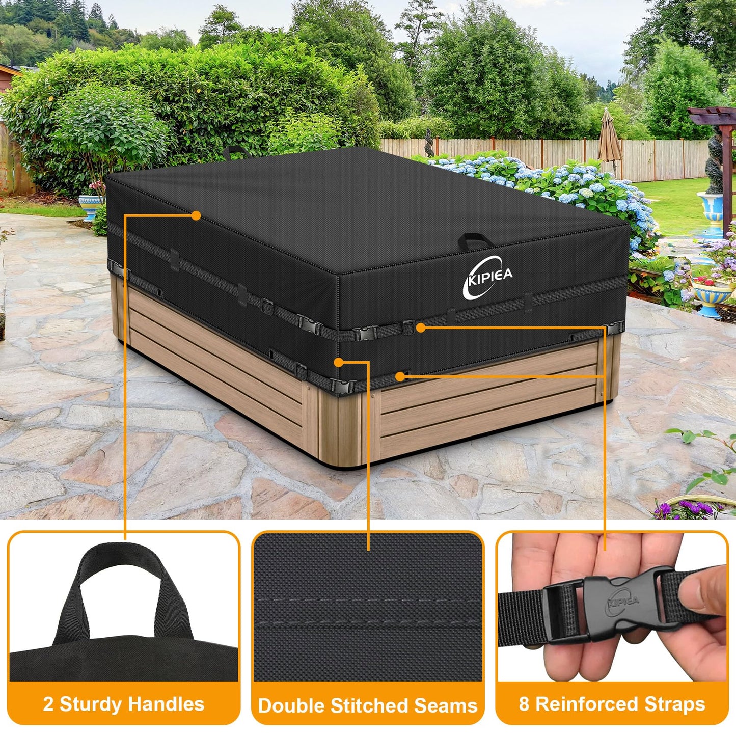 Kipiea Waterproof Rectangular Hot Tub Cover Protector, Heavy Duty Polyester SPA Cover UV Protection Cover for Hot Tub (111" L x 95" W x 20" H)
