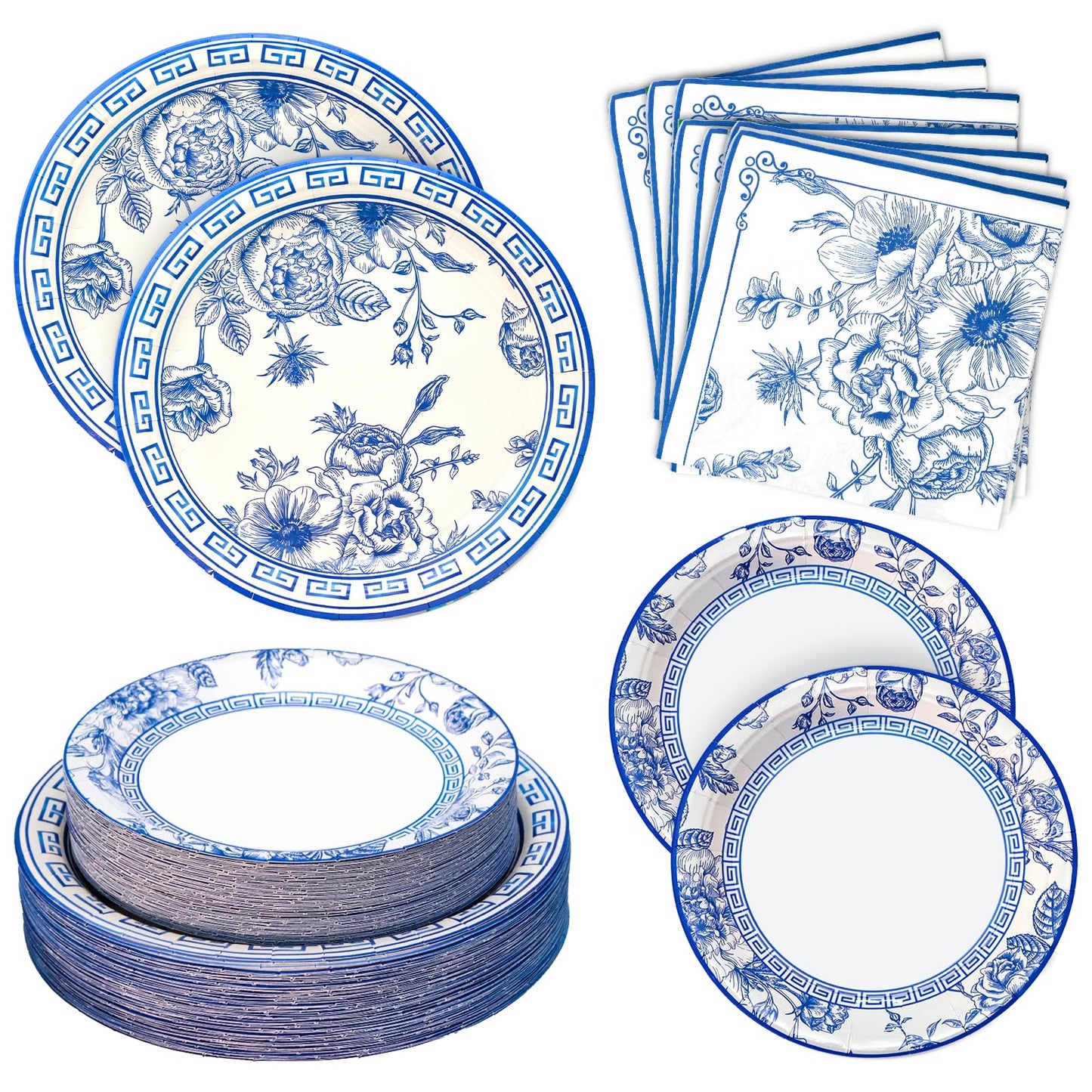 180PCS Blue White Floral Party Supplies Serve 60, Blue Flower Paper Plates and Napkins Kit for Bridal Baby Shower Wedding Tea Party Decorations, Includes Dinner Plates, Dessert Plates, Napkins