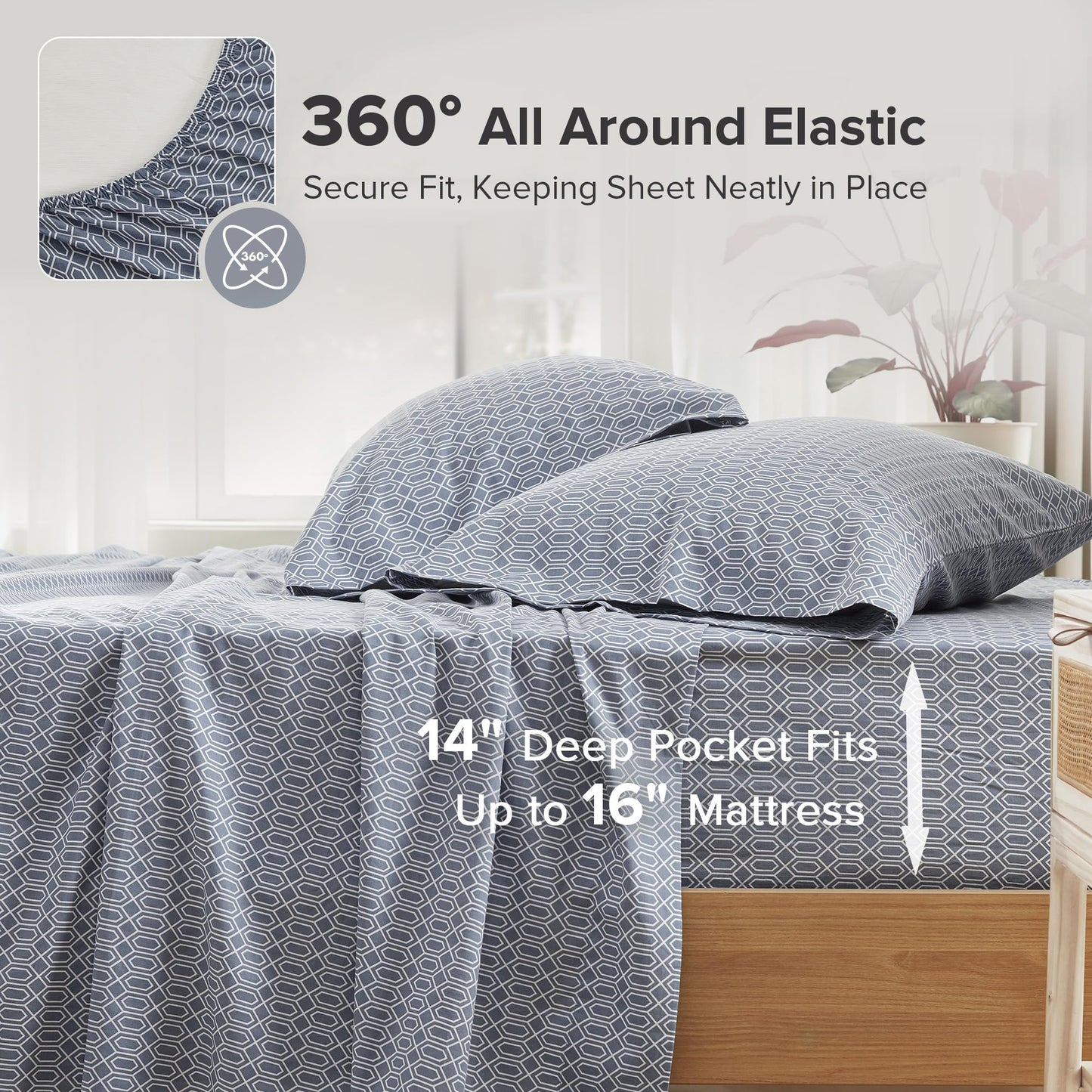 Comfort Spaces 100% Cotton Sheets Full, Breathable, Naturally Cool Cotton Sheets, Soft Cotton Bed Sheets with 14" Elastic Pocket Fits up to 16" Mattress, All Seasons Sheet Set, Diamond Blue 4 Piece