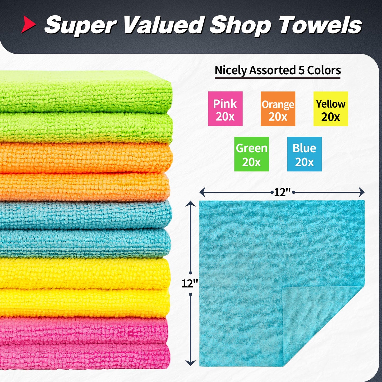 FIXSMITH Microfiber Cleaning Cloths, 100 Pack Shop Towels, Lint-Free Microfiber Towels for Car, All-Purpose Cleaning Rags for Housekeeping, Dust Cloth for Office, Mechanic, Automotive (12inx12in)