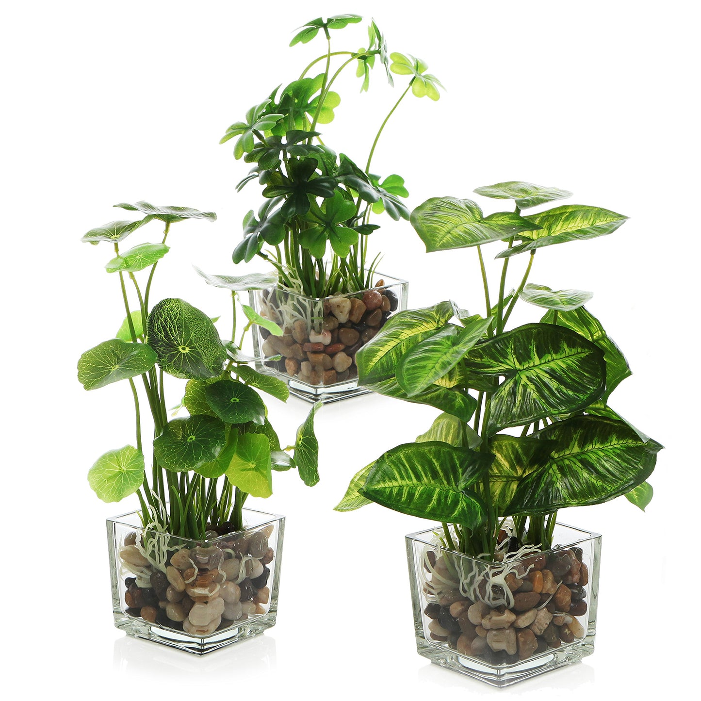 MyGift Set of 3 Small Fake Plants, 9.5 Inch Artificial Plants Indoor, Faux Tabletop Greenery in Clear Glass Pots for Home Decor