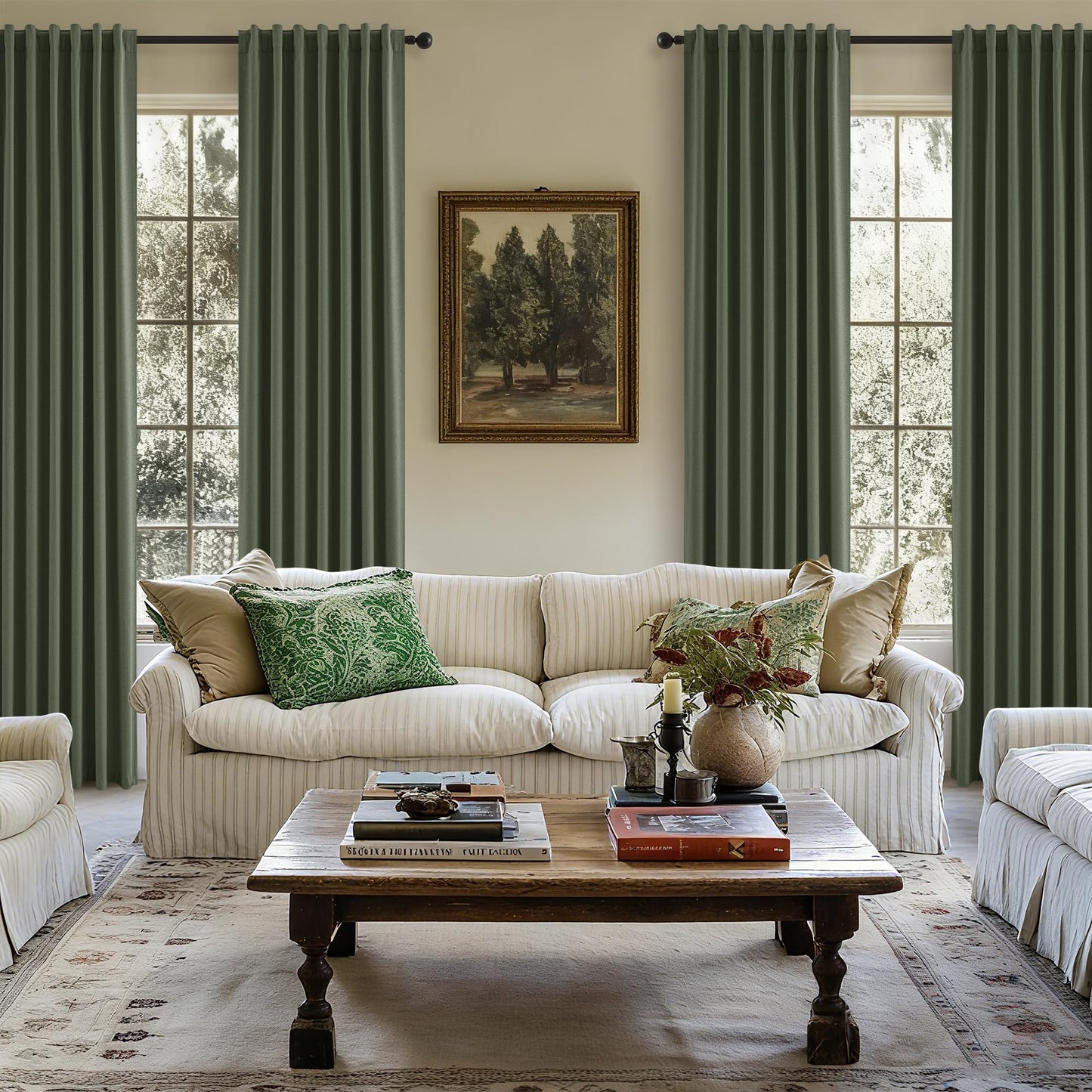 Olive Green 100% Blackout Curtains Linen Textured for Bedroom Black Out Linen Curtains 84 Inches Long Full Light Blocking Thermal Insulated Drapes Energy Saving Rod Pocket Back Tab 52x84 Inch Green