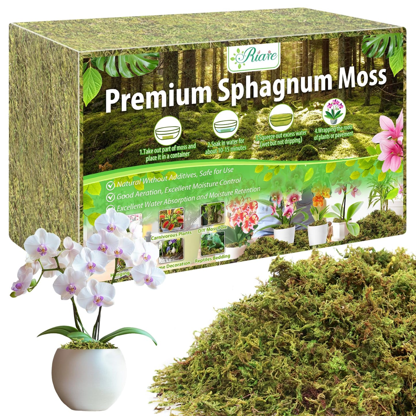 Riare 4.4LBS Premium Sphagnum Moss for Plants- 80QT Natural Dried Plant Moss for Potted Plants, Orchid Moss for Repotting, Soft Green Decorative Moss for Succulents, Reptiles & DIY Crafts