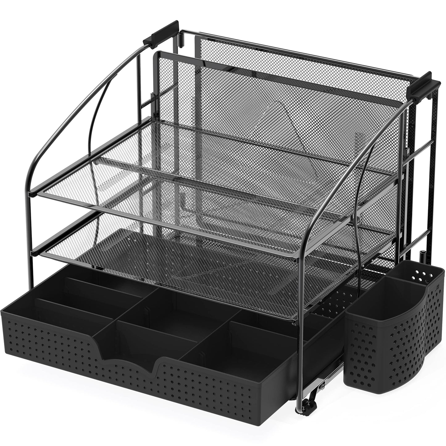 Simple Houseware 3 Tier Desk Organizer with Sliding Drawer, Hanging File Holder and Pen Holder Accessory, Black