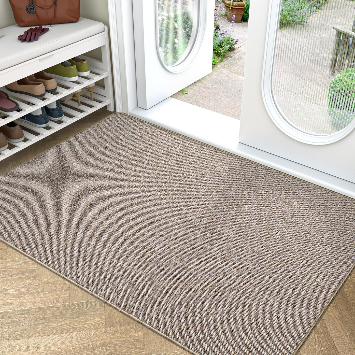 LUMI Ultra Thin Door Mat for Entryway, Low Profile Non Slip Rubber Backing Indoor Door Mat, Easy Clean Welcome Entrance Mat for Inside House, Patio,Beige 32"x48"