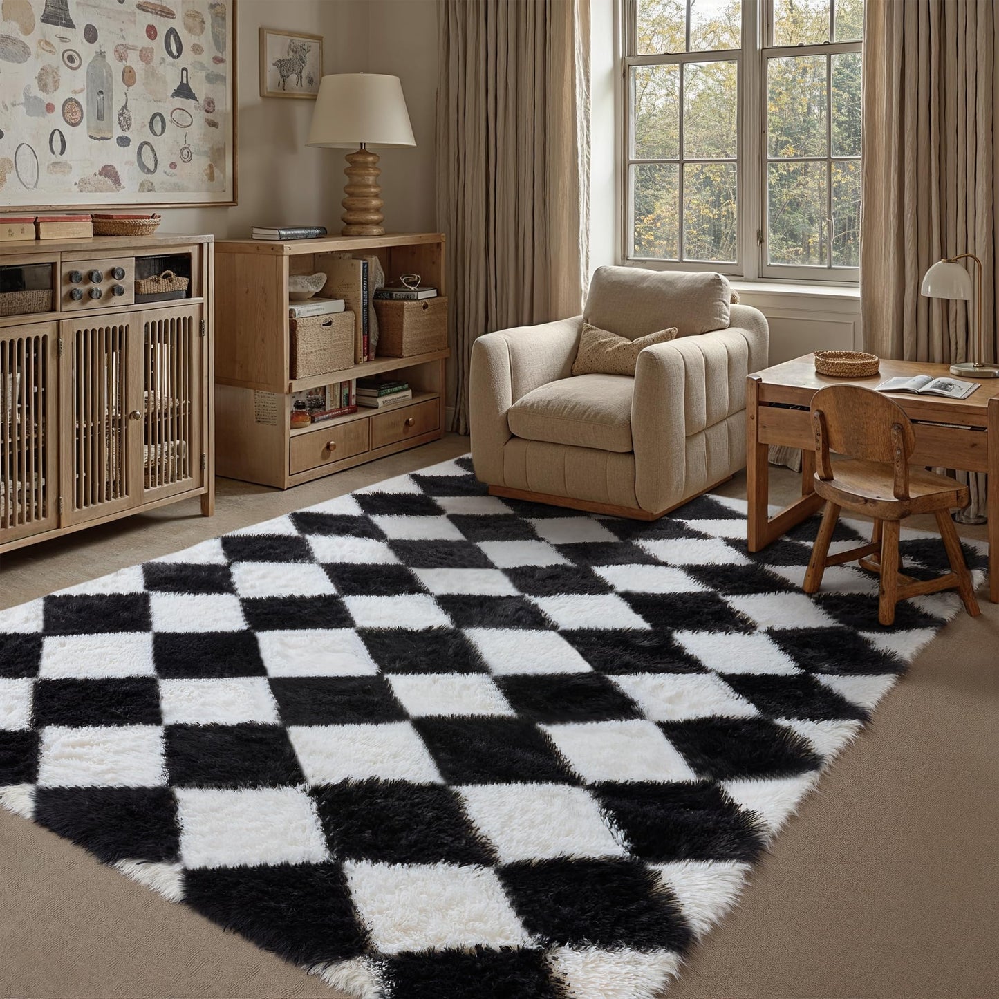 PureCozy 5x8 Black and White Checkered Rugs for Living Room Soft Modern Fluffy Shag Area Rug Washable Fuzzy Carpets Thickened Felt Bedroom Plaid Tapis Salon Plush Rug Nursery Home Dorm Aesthetic Decor