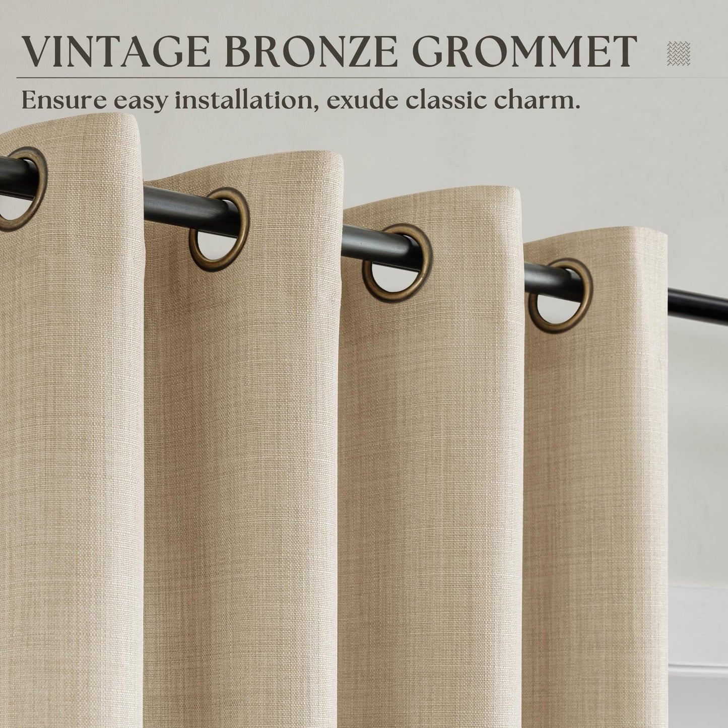 Oatmeal Semi Sheer Linen Curtains 84 Inches Long, Bronze Grommet Sand Beige Privacy Light Filtering Bay Window Patio Door Farmhouse Boho Neutral 84 Inch Curtains for Bedroom Living Room Warm Beige