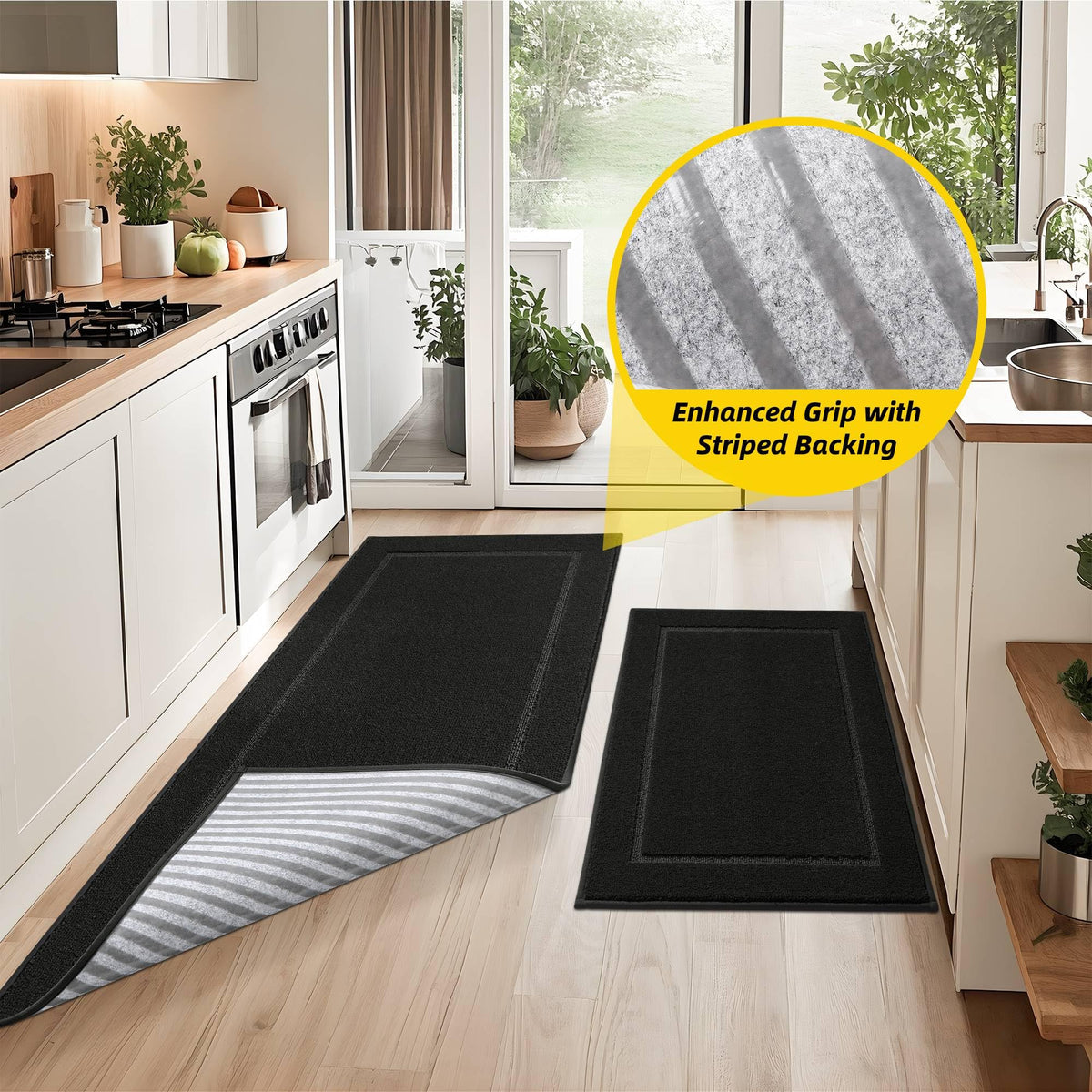 JSEI Non-Slip Kitchen Mats, Self Adhesive No Sliding Kitchen Rugs Set of 2, Washable Absorbent Floor Mat for Kitchen, Bathroom, Laundry Room, Bedroom, 24"x36"+24"x60" Black, Rectangular Pattern