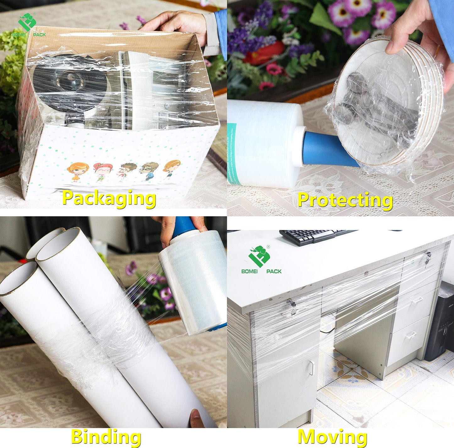 BOMEI PACK Stretch Wrap Film Roll, Plastic Shrink Wrap 5 inch x 1000 ft, 4 Packs with 1 Plastic Handle