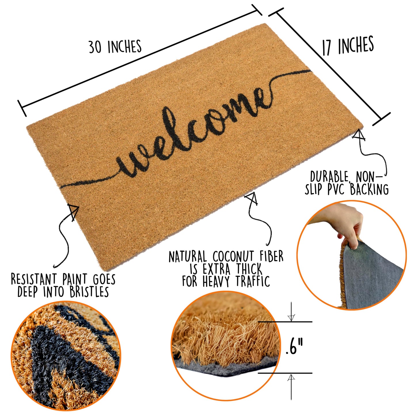 Outdoor Welcome Mat 30x17 Inch Script, Welcome Doormat for Covered Outdoor Area, Coir Door Mat w/Non-Slip PVC Backing