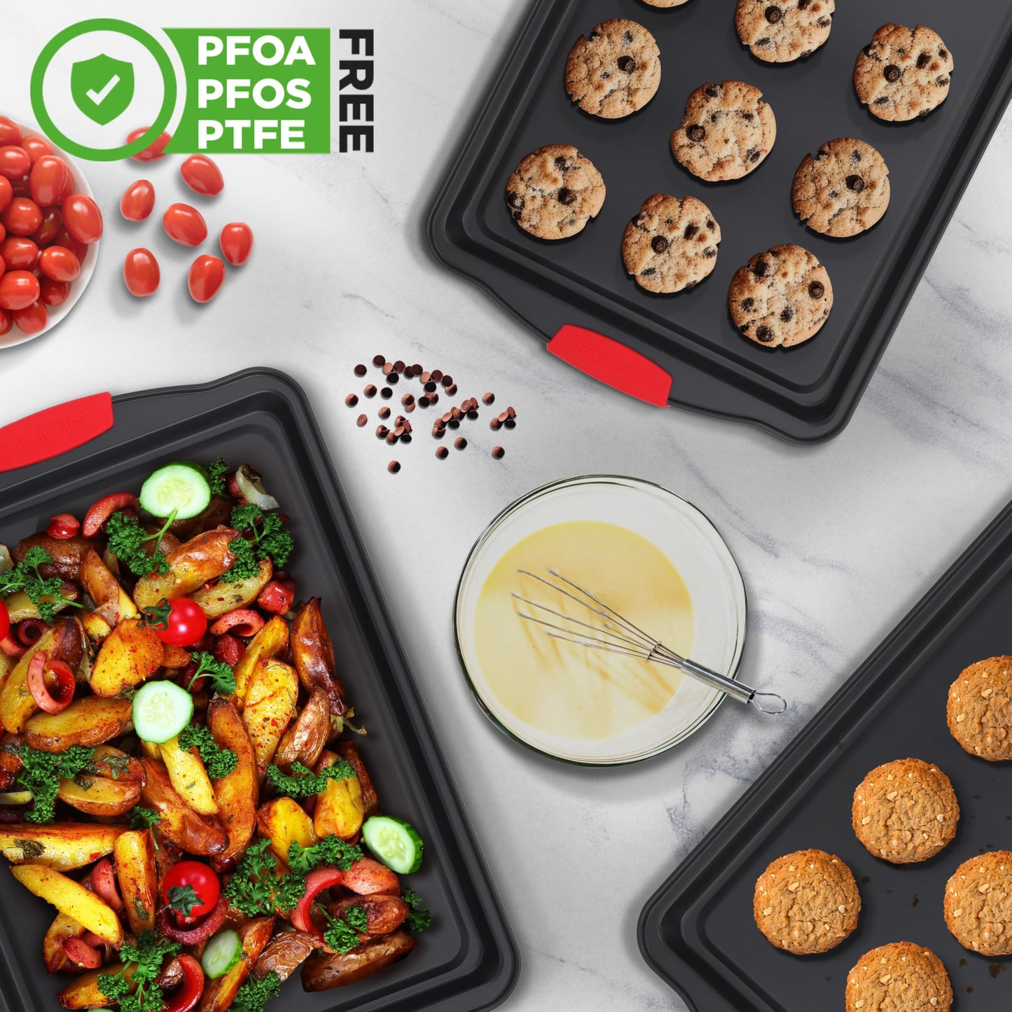 NutriChef Baking Sheet Set - 3 Piece Nonstick Cookies Sheets, Premium Quality Carbon Steel with Silicone Handles for Meal Prep, Sheet Pan Dinners, Roasting