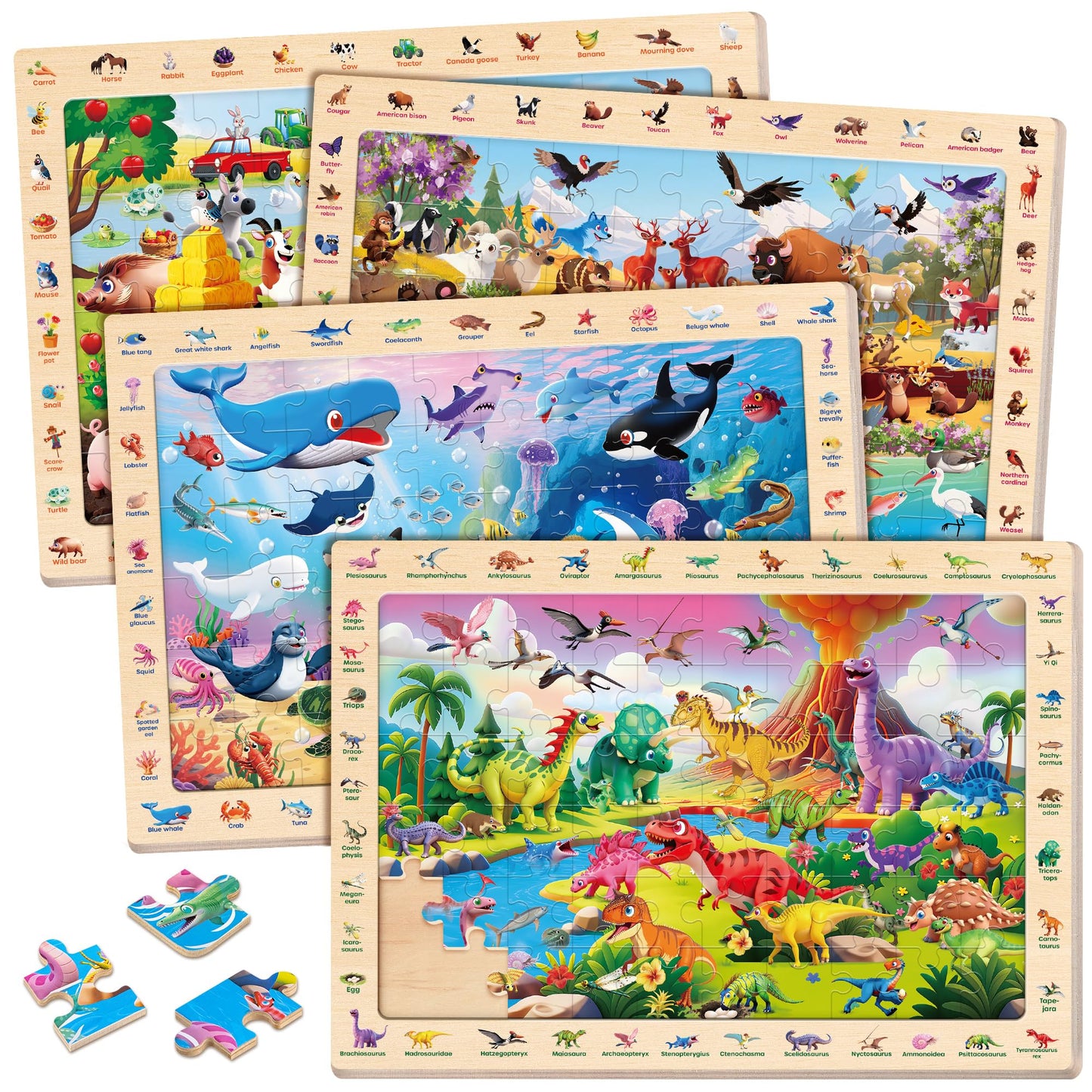 SYNARRY Wooden Dinosaur Farm Ocean Animal Puzzles for Kids Ages 4-6, 4 x 60 Piece Match & Find Puzzles for Kids Ages 3-5 Boys Girls, Preschool Educational Puzzle Toddlers Gifts for 4-8 Year Old
