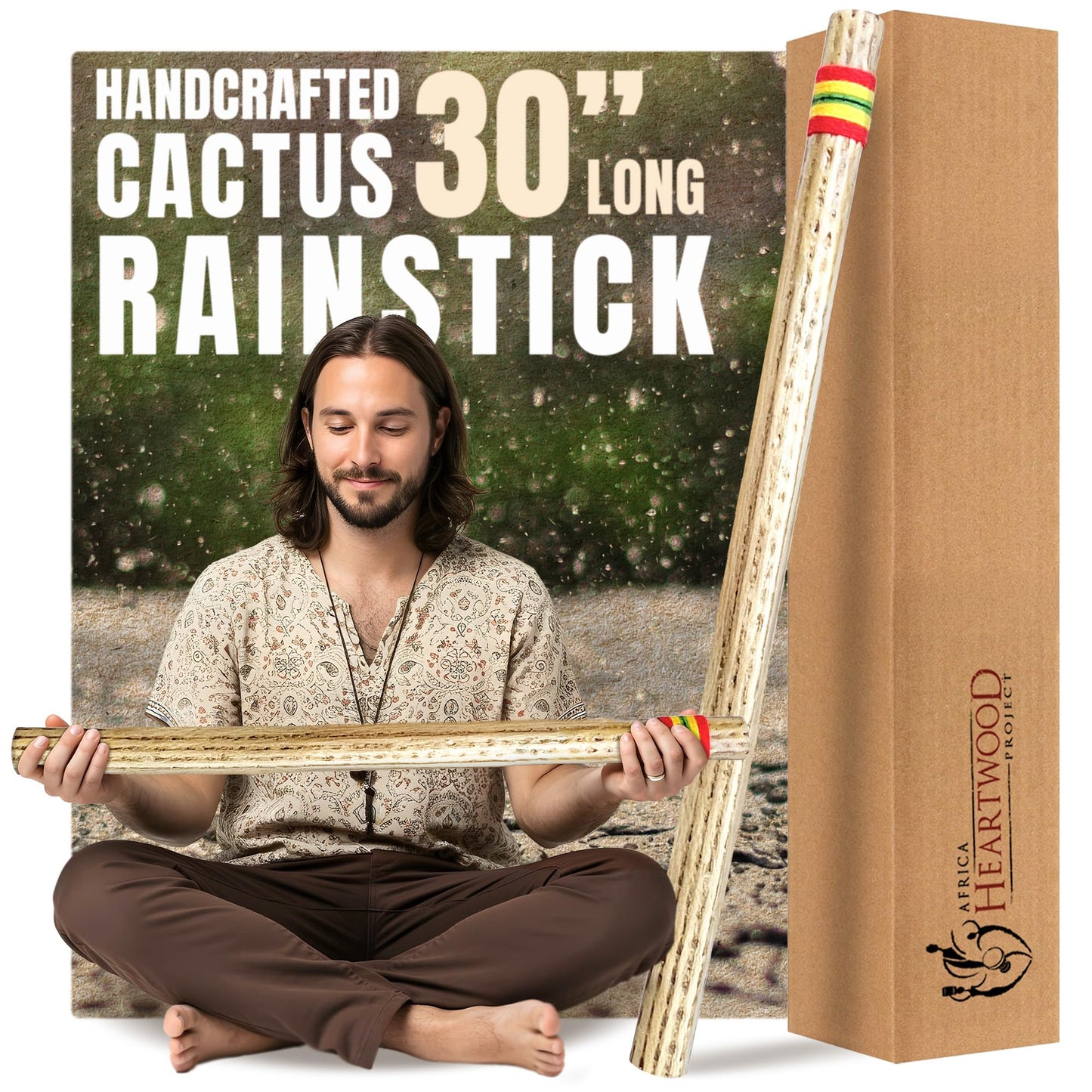 30" Chilean Cactus Rainstick Musical Instrument with Yarn wrap and sealant - Authentic Rain Stick from Africa Heartwood Project (TM)