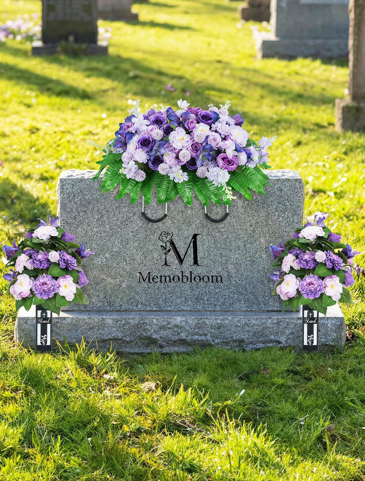Memobloom Cemetery Flower Saddles for Headstones: Purple Flowers Artificial Outdoors Grave Decorations Spring Easter Memorial Day - Fake Rose Camellia Tombstone Flowers Saddle for Cemetery Gravestone