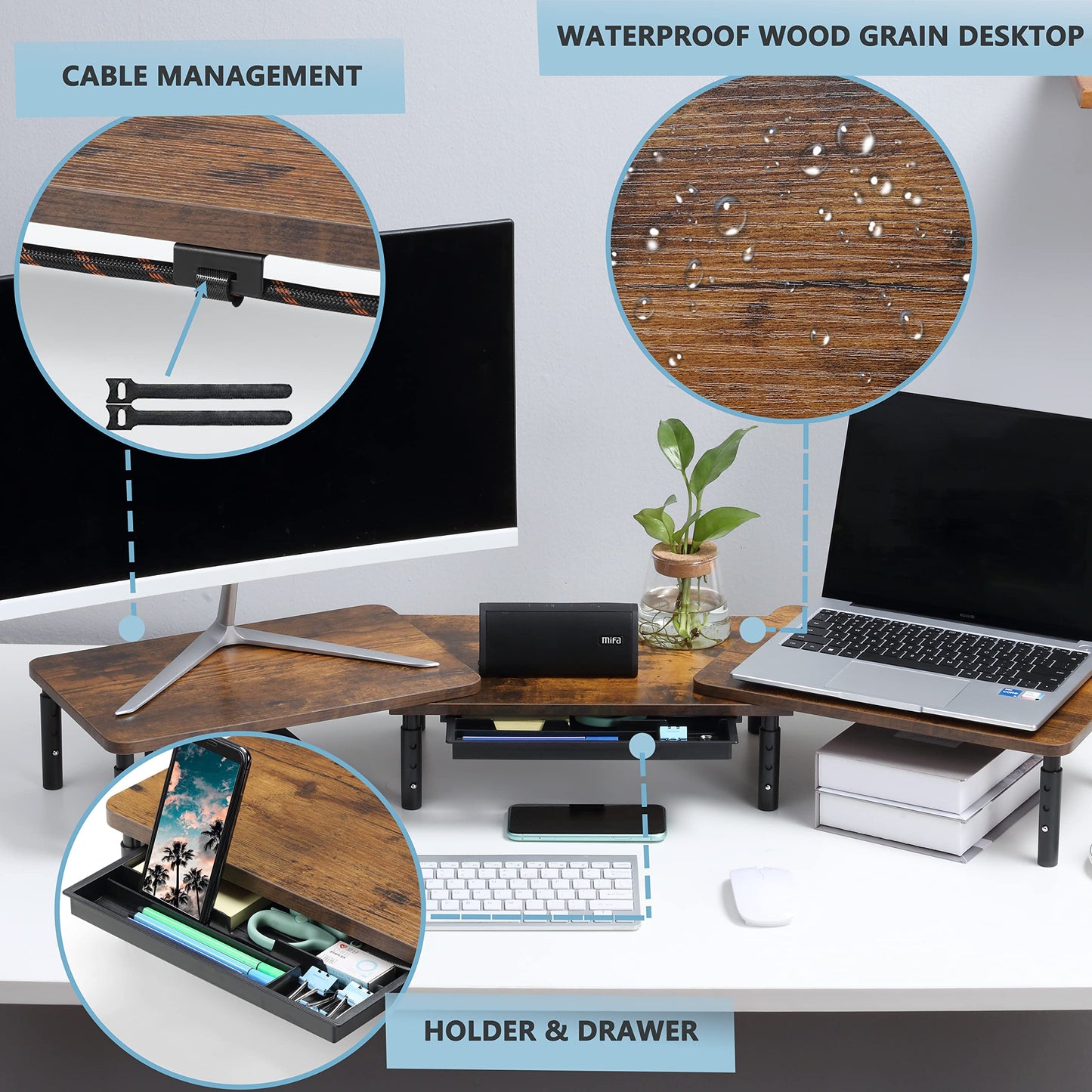 ETHU Dual Monitor Stand Riser for Desk, Computer Desk Monitor Stands for 2 PC monitors, Computer, Laptop and Printer, 3 Adjustable Shelf Length and Angle Desktop Stand with Phone Holder and Drawer, Office Supplies, Computer Accessories(Walnut)
