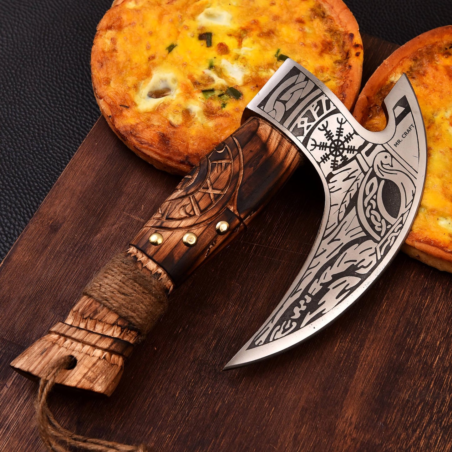 MR. CRAFT Pizza Cutter Axe Rocker by - Carbon Steel Slicer Chef Pizza Cutter Viking Axe with Leather Cover - Premium Pizza Oven Accessories Ulu Rocking Pizza Gift Gifts for Men (Engraved Ash Wood)