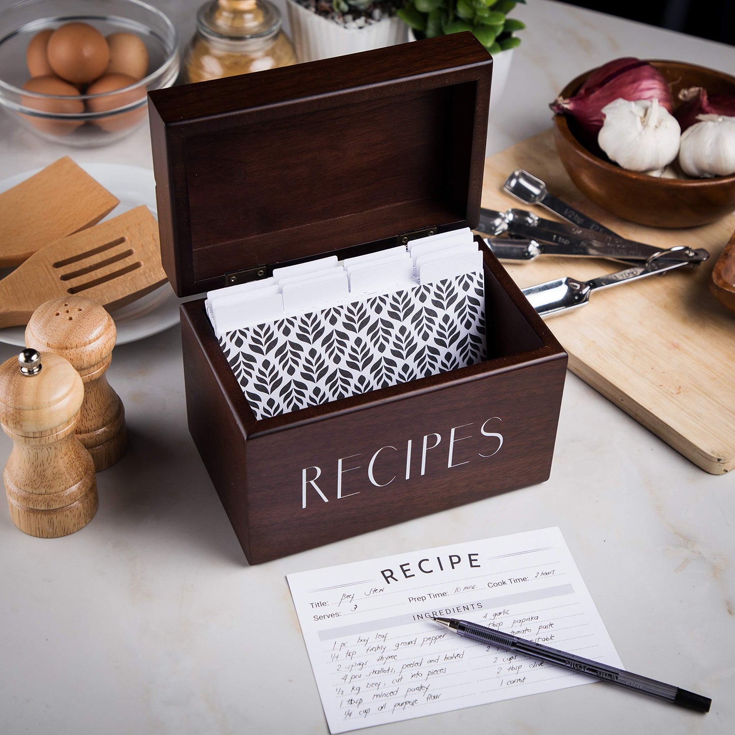 Recipe Box with Cards and Dividers by Apace - Vintage Style Wood 4x6 Recipe Holder Card Box - Exclusively from the Apace Living Premier Collection - Fits 240 Cards (Walnut)