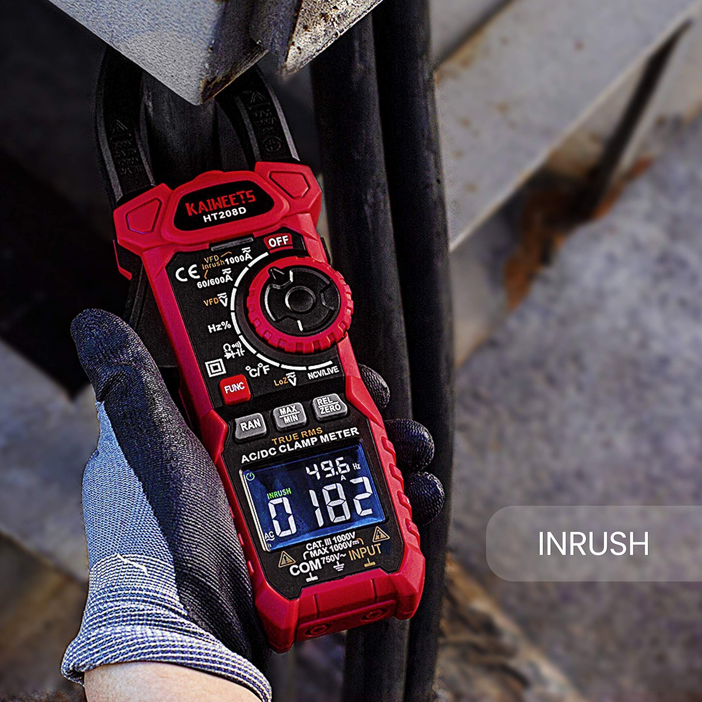 KAIWEETS Inrush Clamp Meter 1000A True RMS AC/DC Current Amp Meter, VFD, LOZ Mode, 6000 Counts, Measures Current Voltage Temperature Capacitance Resistance Diodes Continuity Duty-Cycle(HT208D)