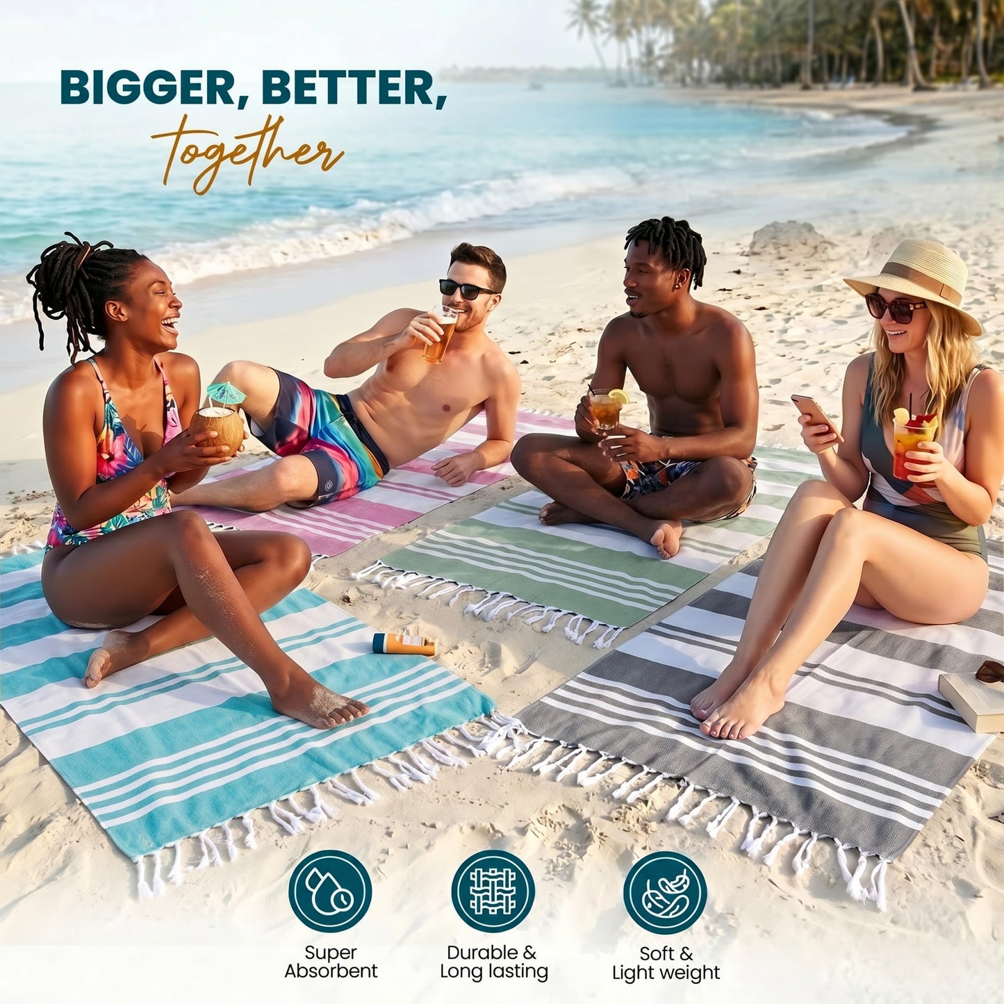 Utopia Towels [4 Pack Turkish Beach Towel (40 x 72 Inches) - 100% Cotton Oversized Sand Free Lightweight & Quick-Dry, Prewashed for Soft Feel Large Peshtemal Towel (Cool Grey, Aqua, Pink, Sea Foam)