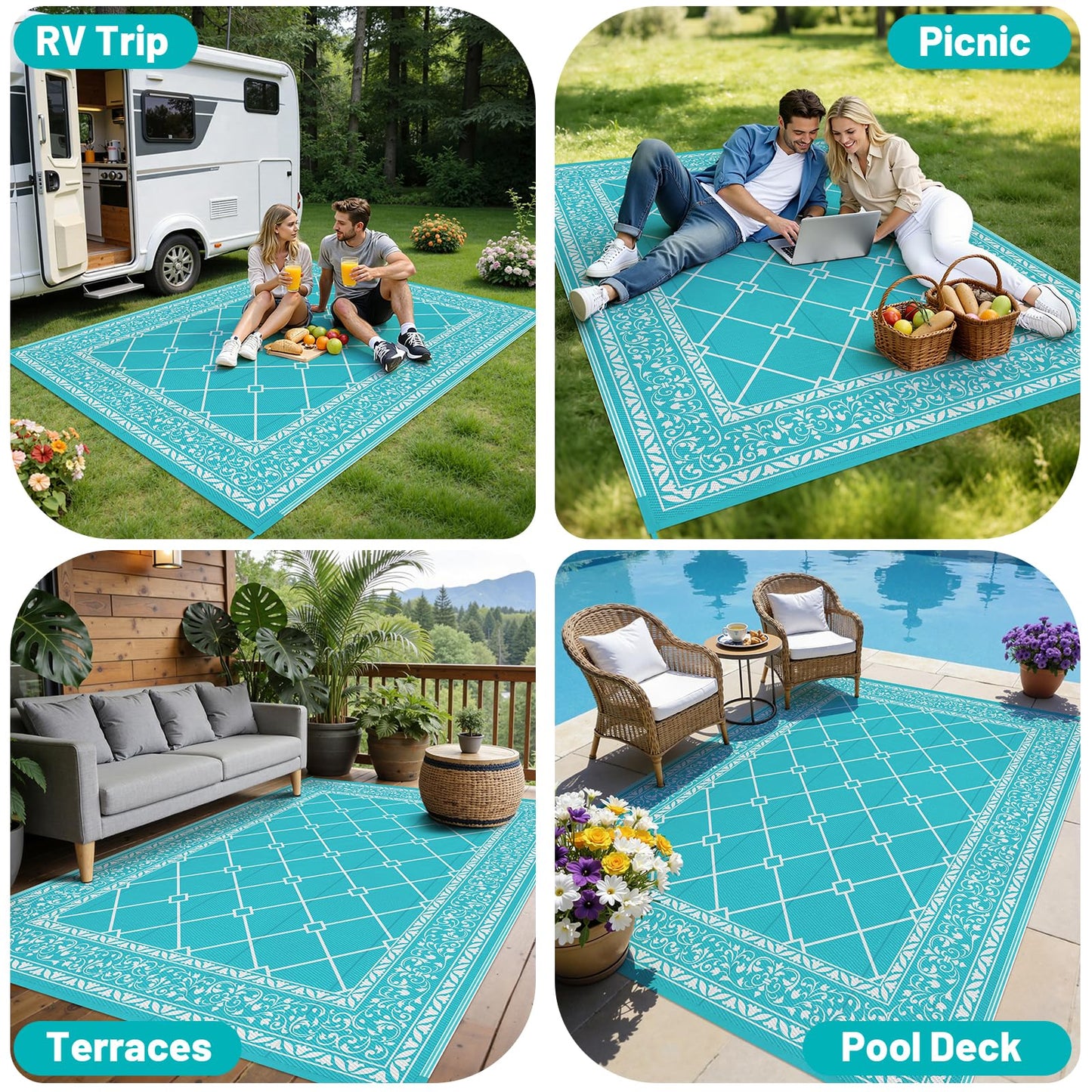 HEBE 8x10 Outdoor Rug Waterproof, Reversible Outdoor Area Rug, Portable Plastic Outside Rug Carpet, Geometric RV Camping Rug Mat for Patio Picnic Backyard Deck Balcony Porch Beach Trailer, Teal