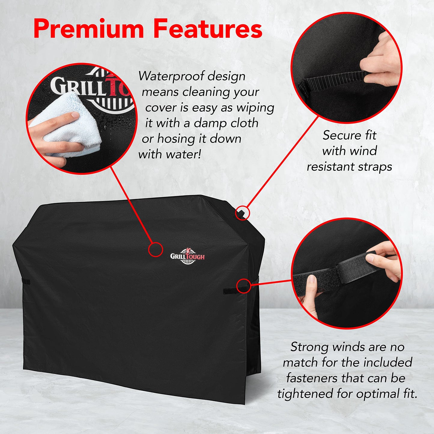 GrillTough Heavy Duty BBQ Grill Cover for Outdoor Grill, 58 Inch – Waterproof, Weather Resistant, UV & Fade Resistant with Fastening Straps – Gas Grill Cover for Weber, Genesis, Charbroil, etc. Black