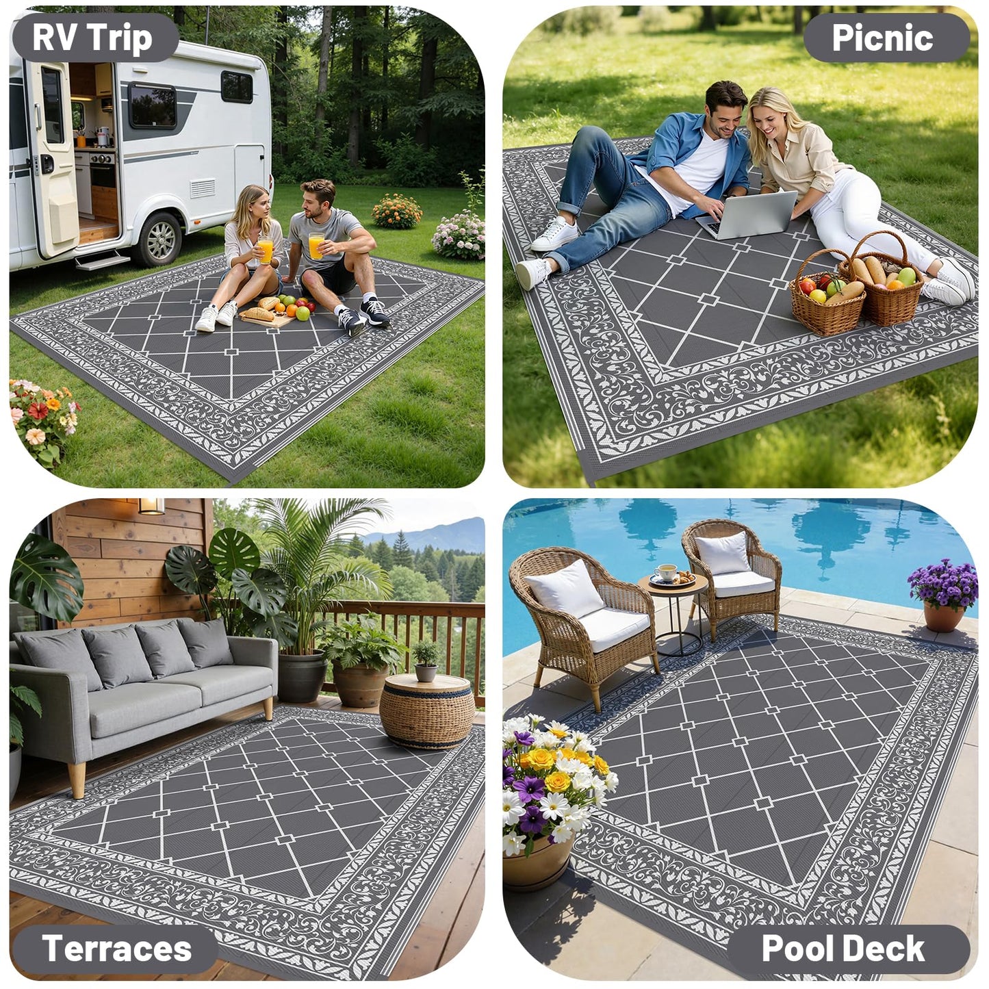HEBE 5x8 Outdoor Rug Waterproof, Reversible Outdoor Area Rug, Portable Plastic Outside Rug Carpet, Geometric RV Camping Rug Mat for Patio Picnic Backyard Deck Balcony Porch Beach Trailer, Grey